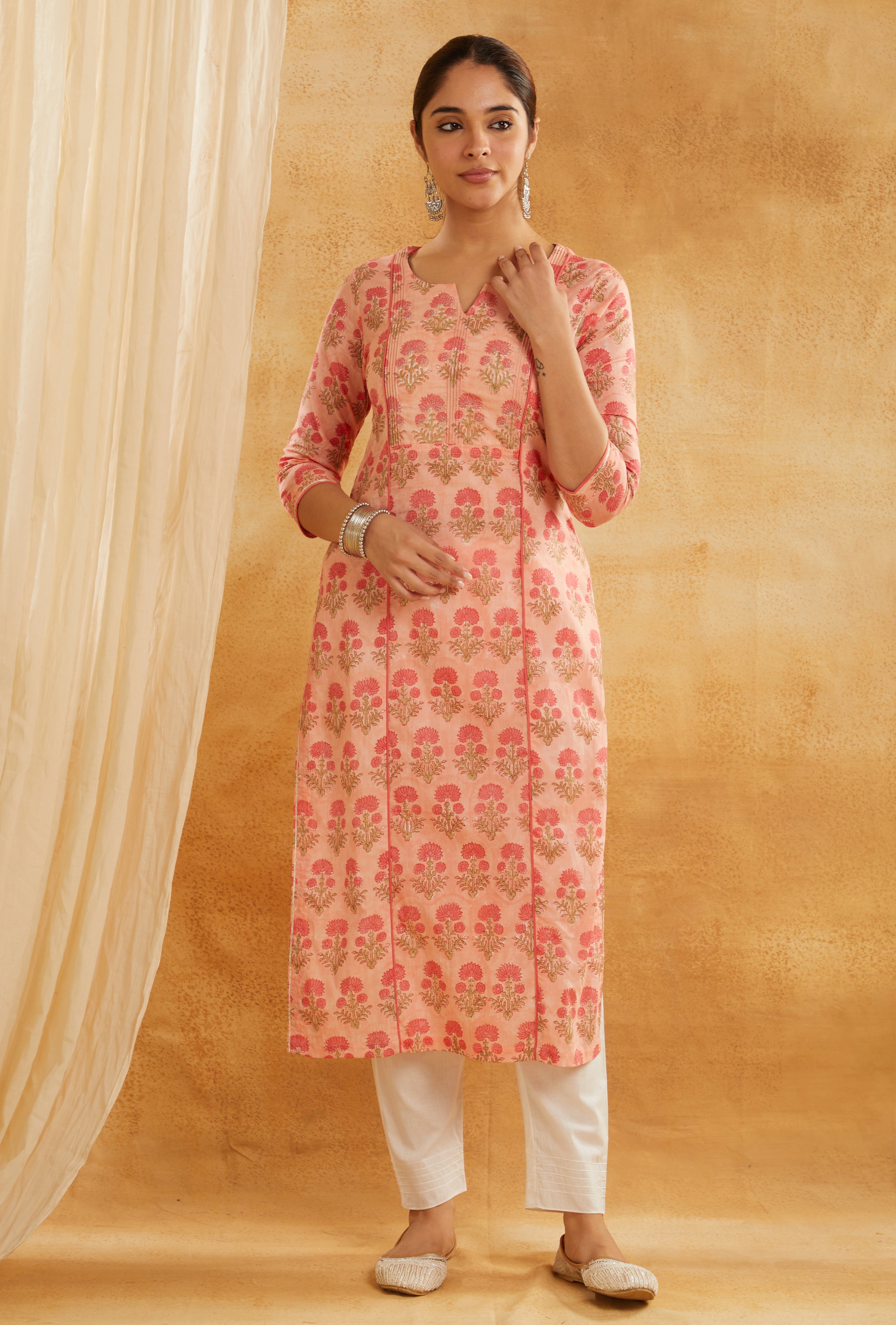PEACH BLOCK PRINTED EMBROIDERED COTTON KURTA