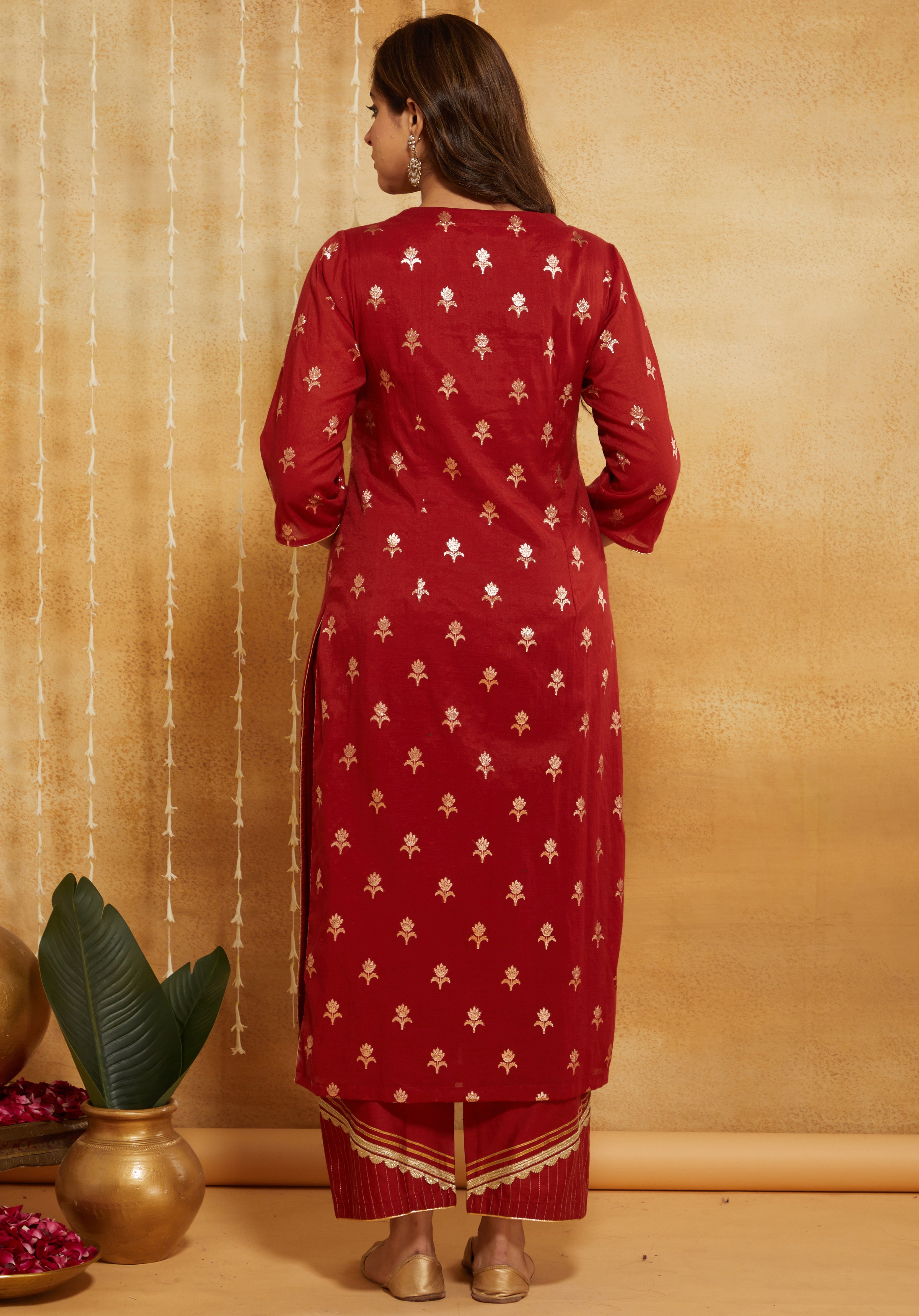 RED BROCADE SILK CHANDERI FESTIVE SUIT SET