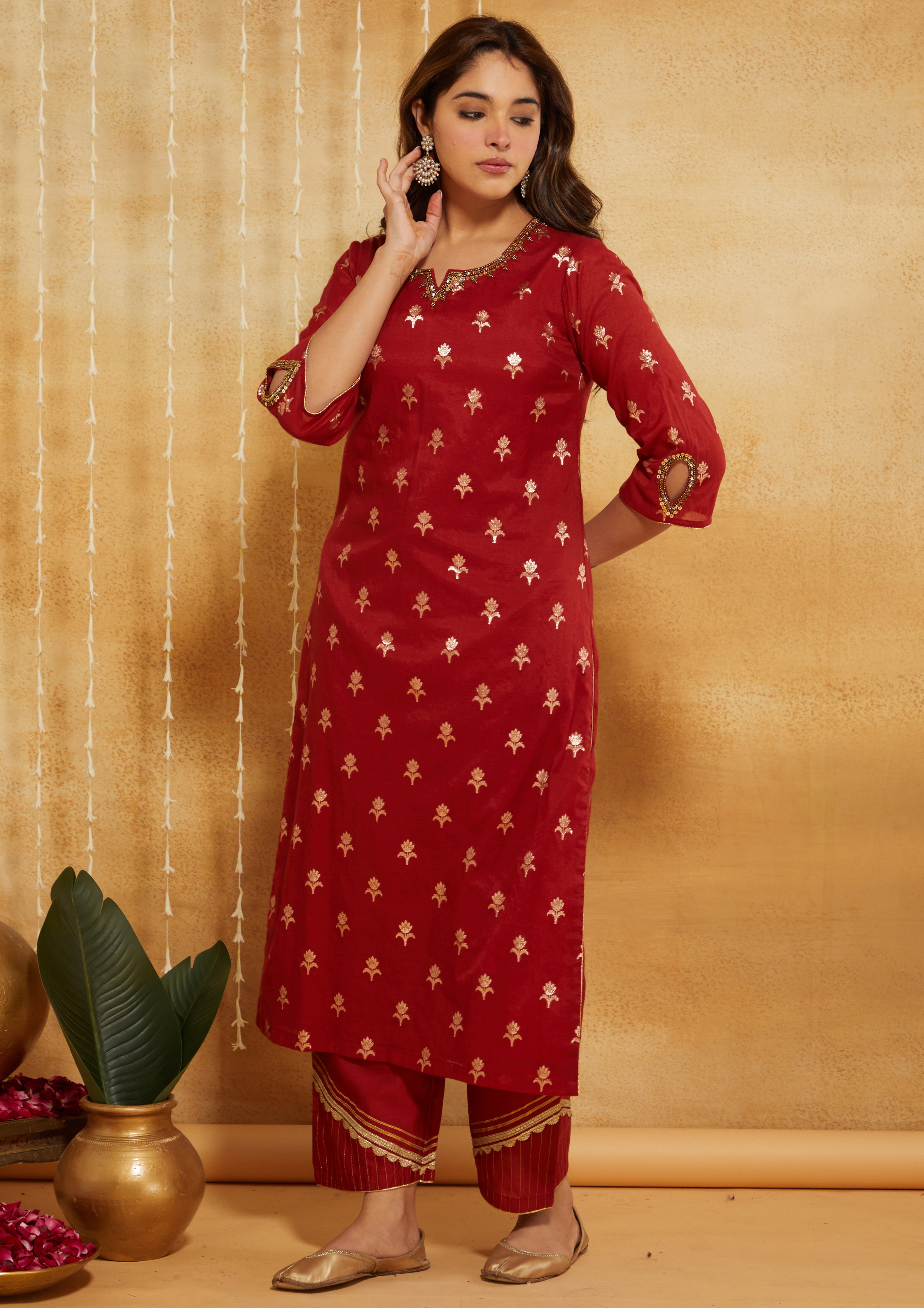 RED BROCADE SILK CHANDERI FESTIVE SUIT SET