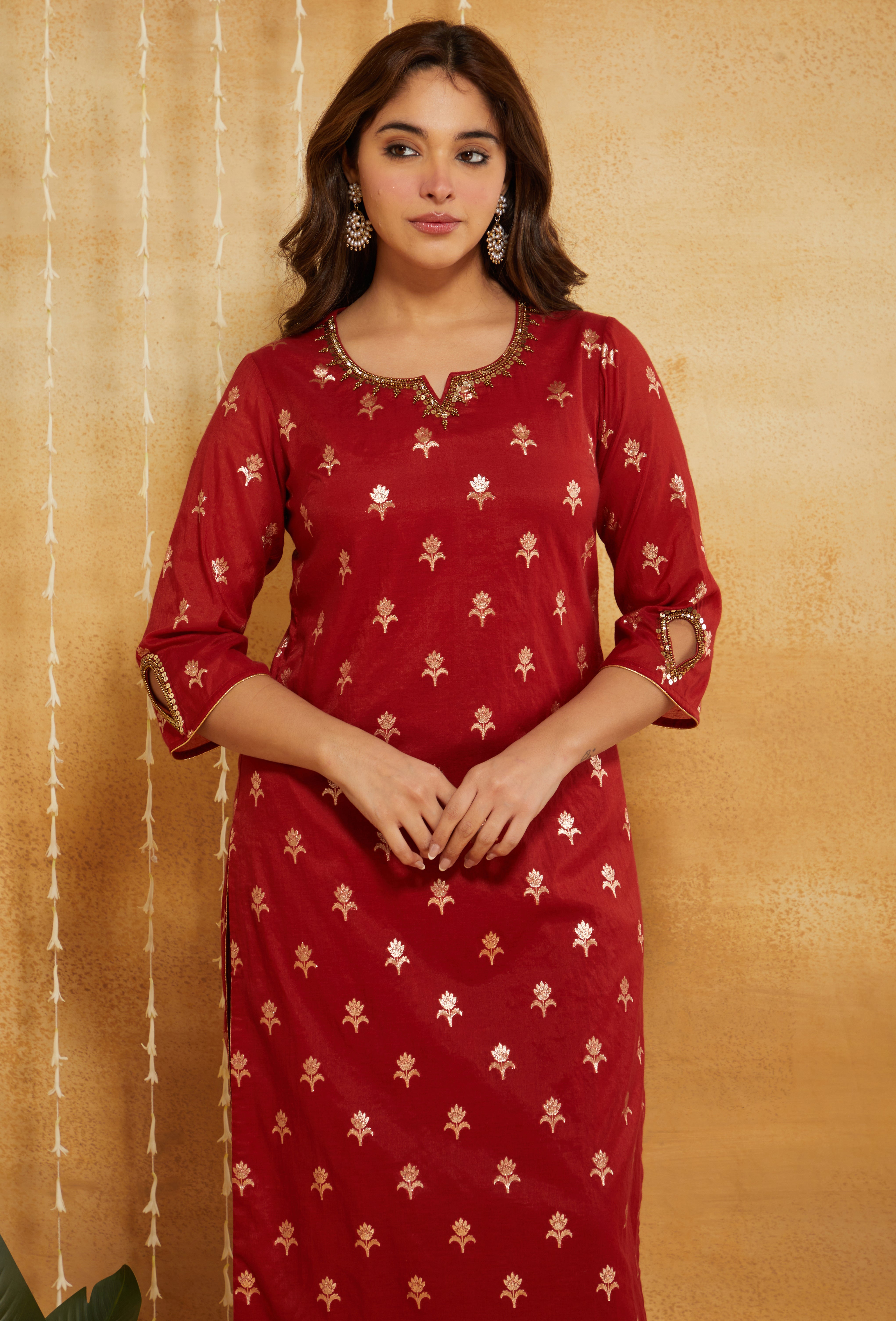 RED BROCADE SILK CHANDERI FESTIVE SUIT SET