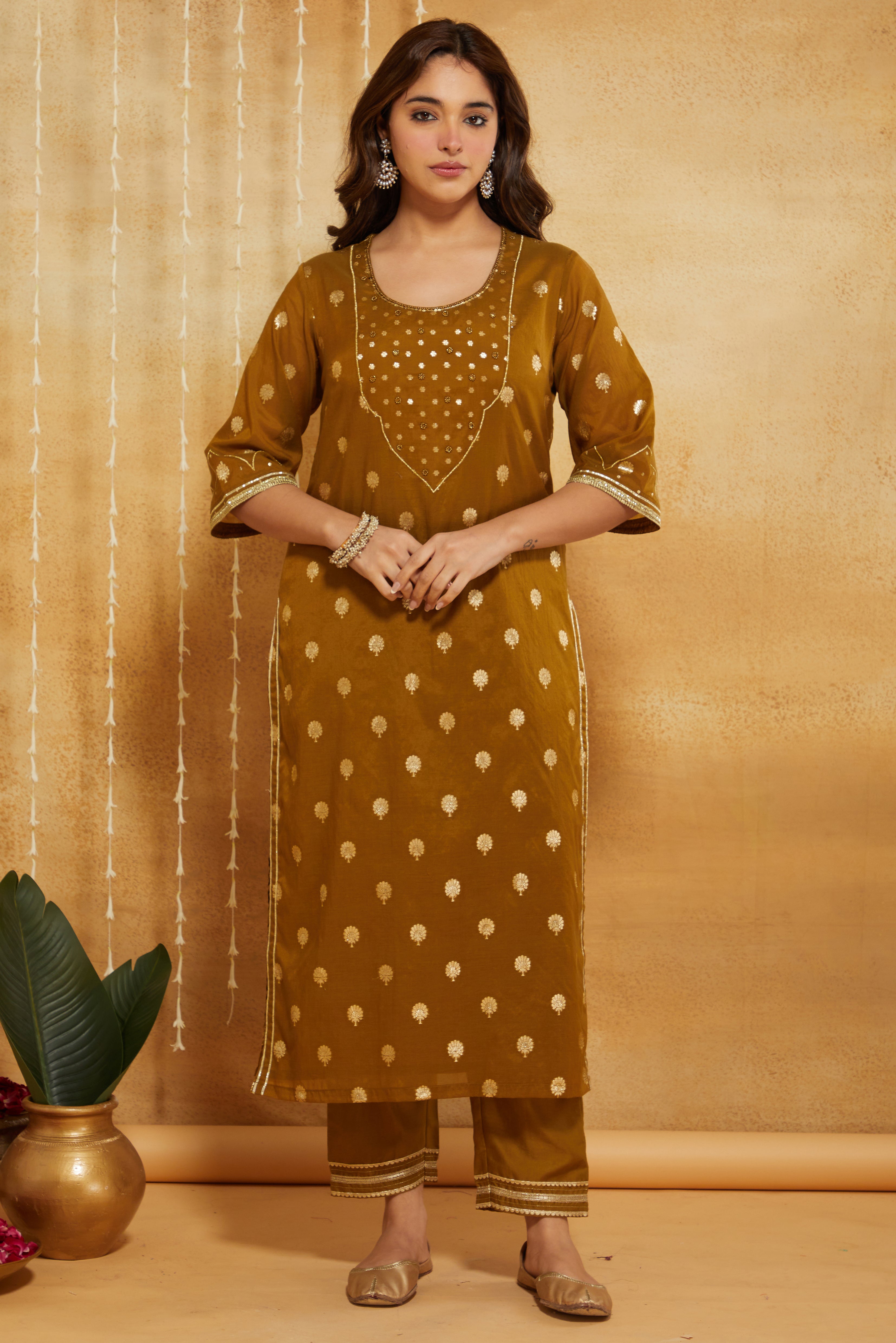 GOLDEN GREEN BROCADE SILK 3,PCS SUIT SET