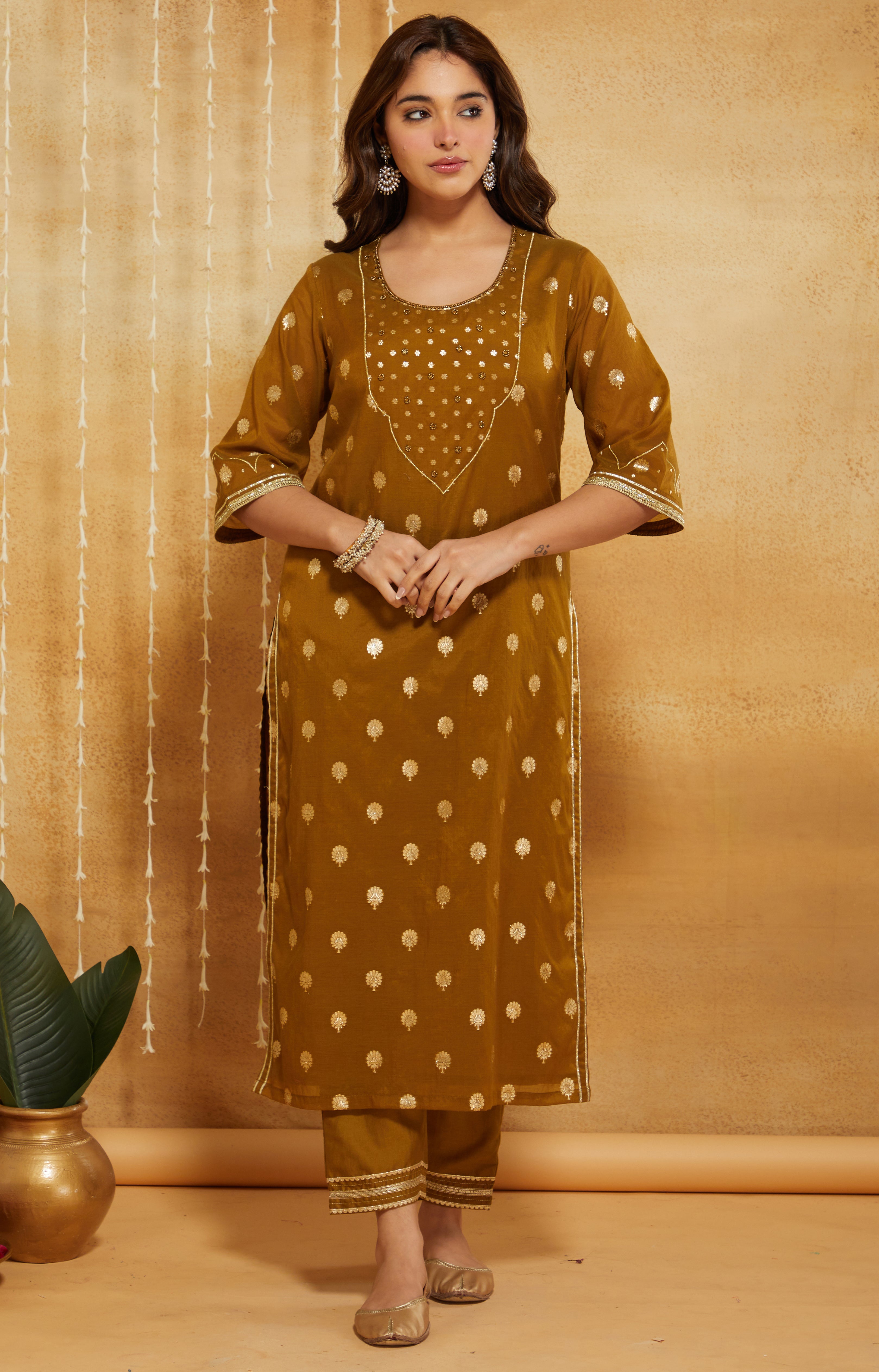 GOLDEN GREEN BROCADE SILK 3,PCS SUIT SET