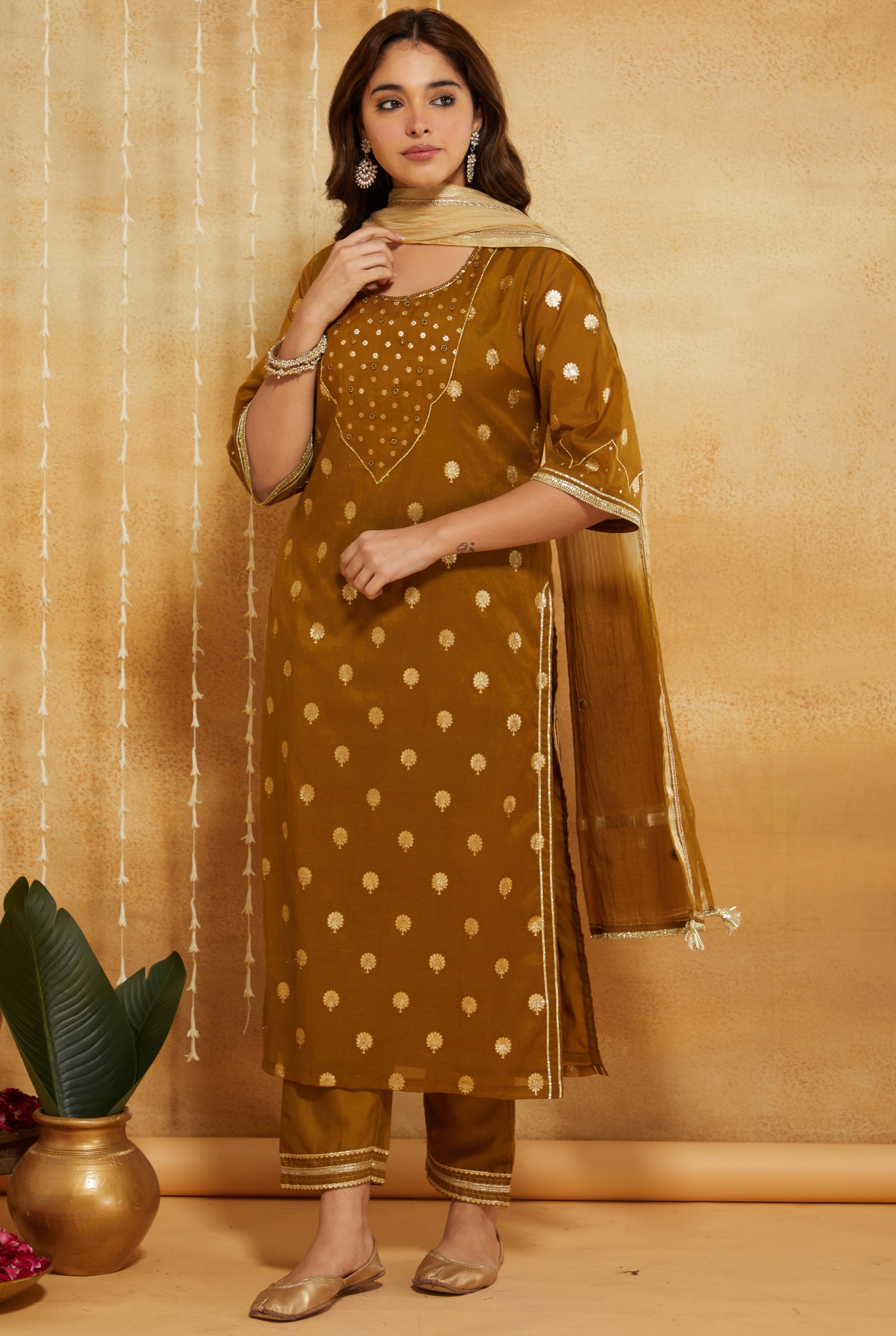 GOLDEN GREEN BROCADE SILK 3,PCS SUIT SET