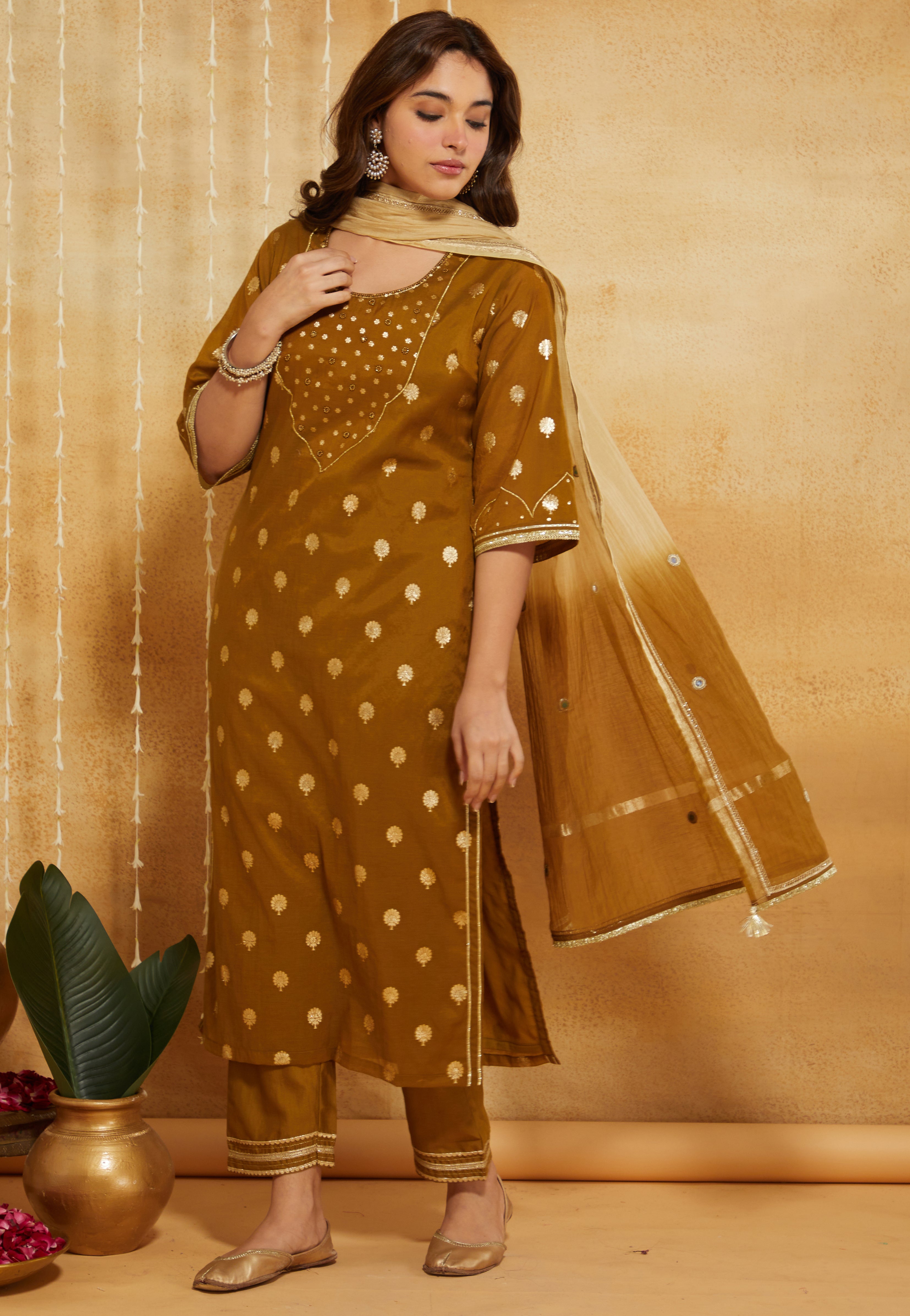 GOLDEN GREEN BROCADE SILK 3,PCS SUIT SET