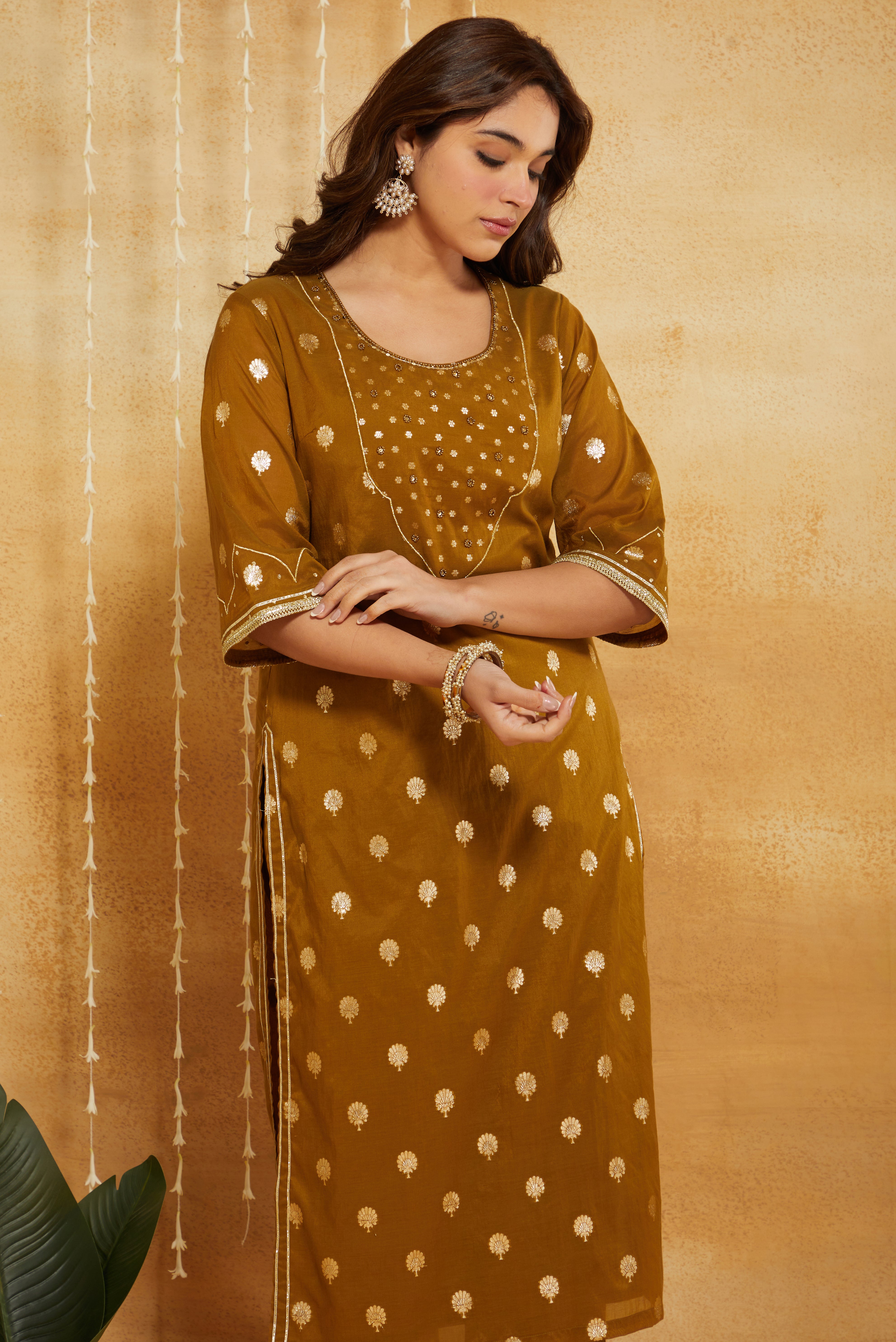 GOLDEN GREEN BROCADE SILK 3,PCS SUIT SET