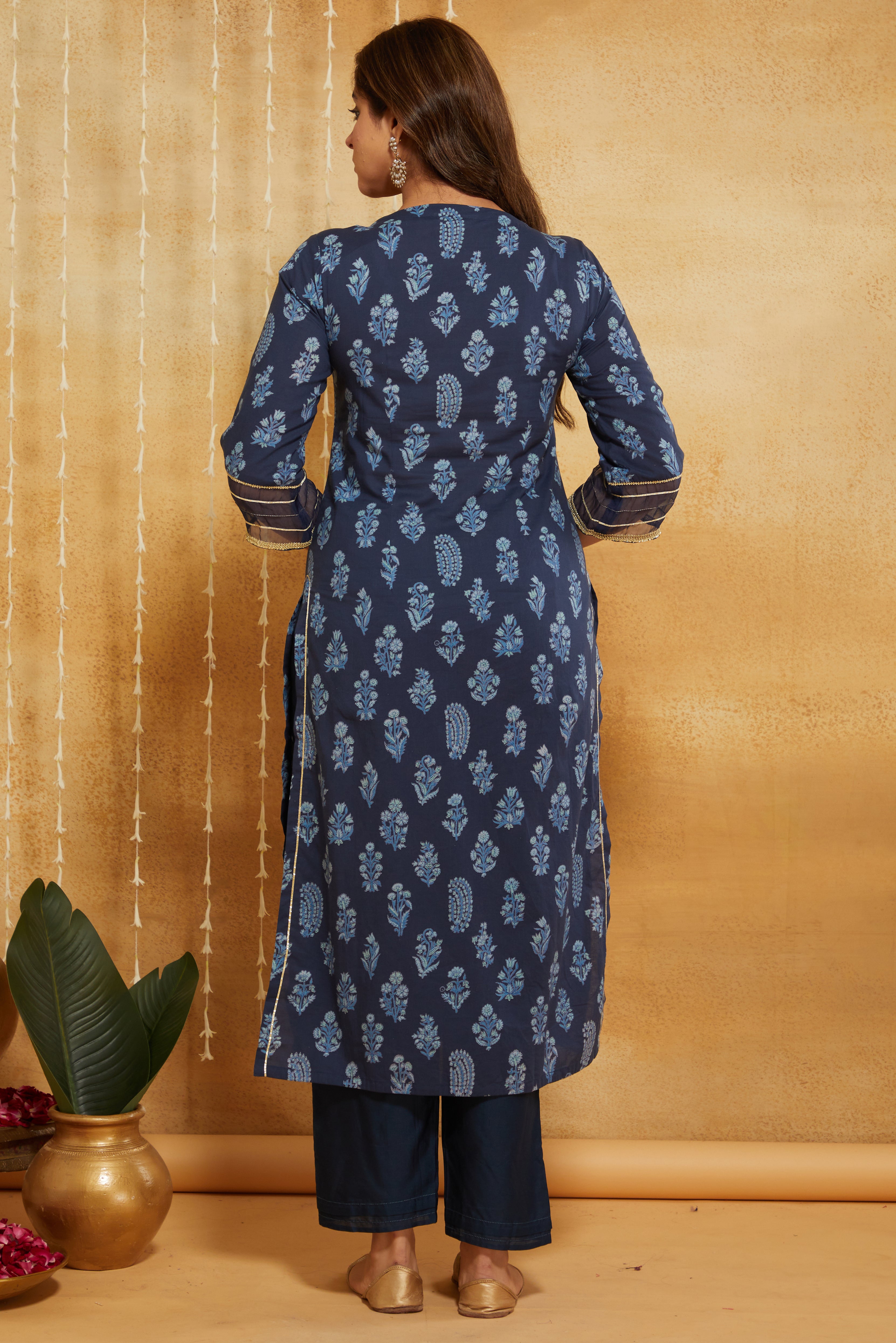 Indigo Dabu Hand Block Printed Cotton Suit - Set of 3