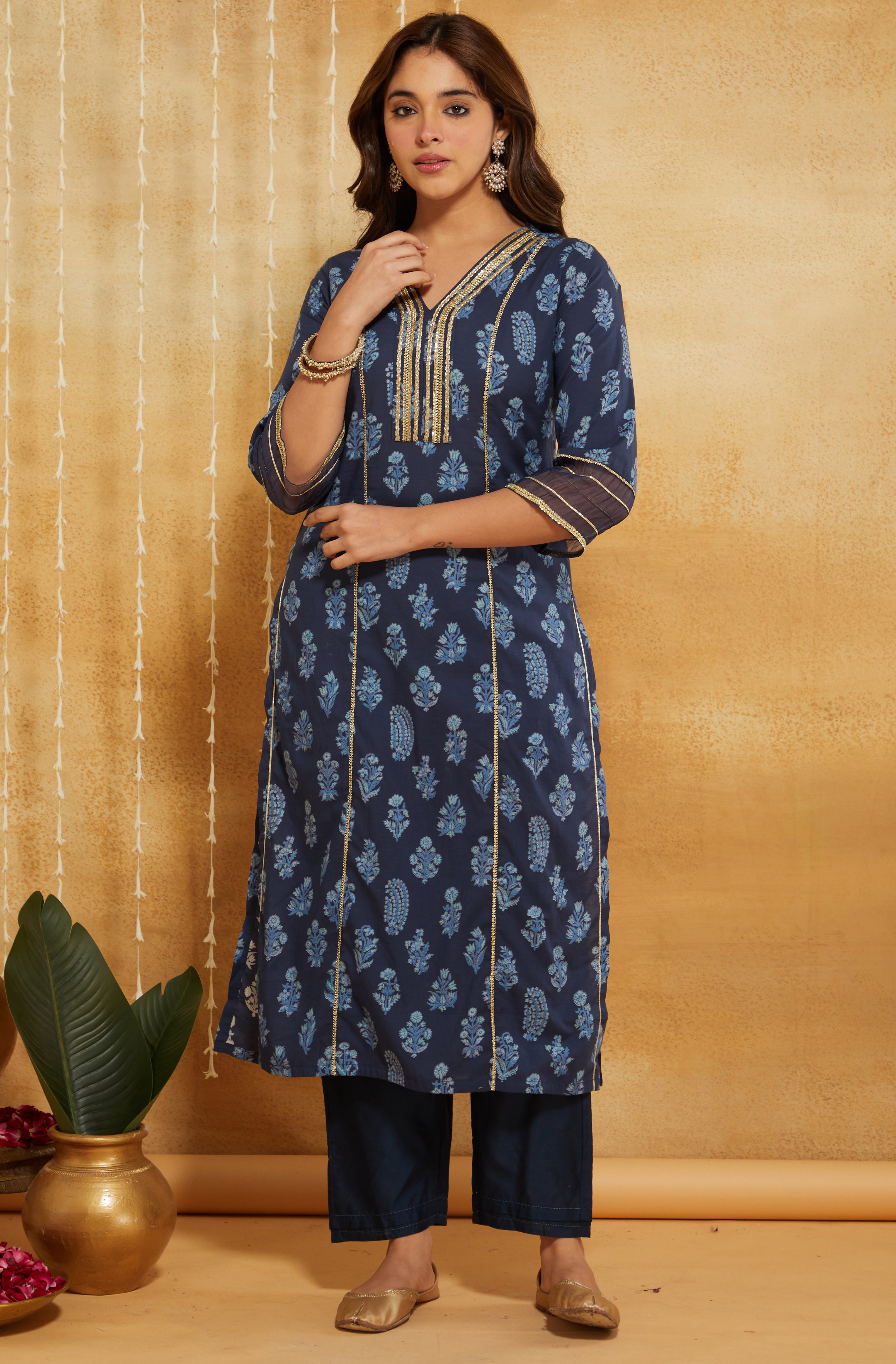 Indigo Dabu Hand Block Printed Cotton Suit - Set of 3