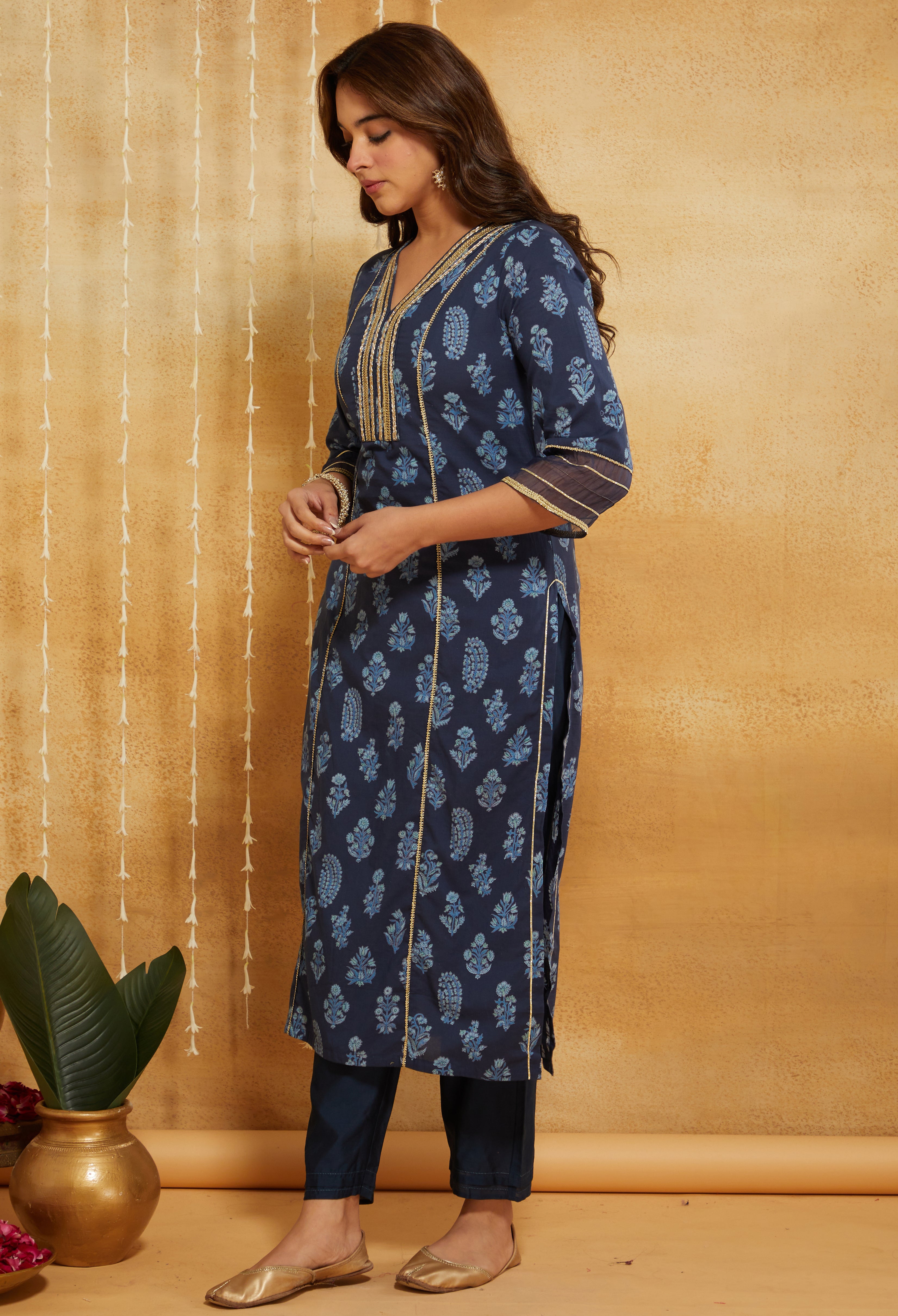 Indigo Dabu Hand Block Printed Cotton Suit - Set of 3
