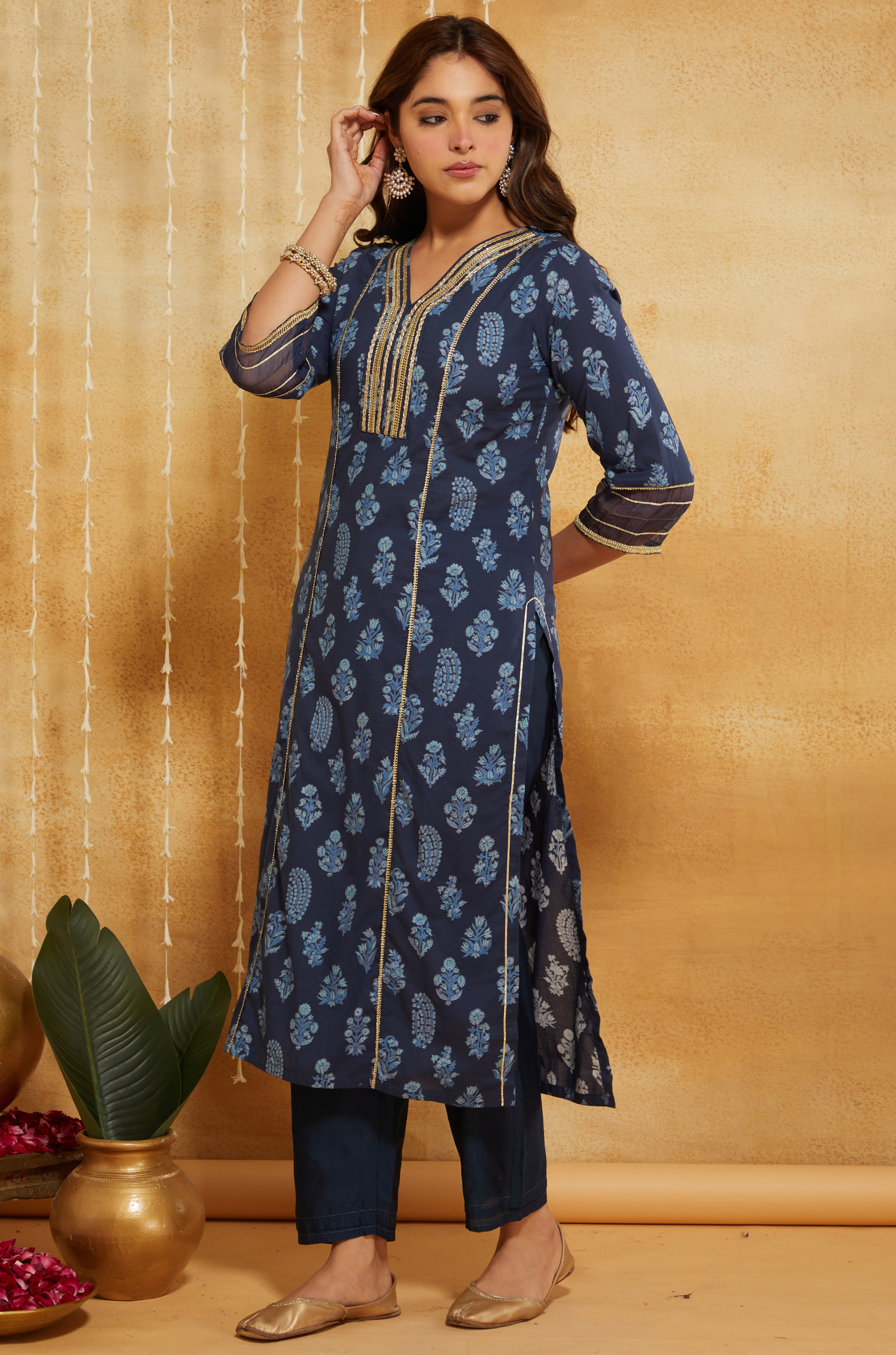 Indigo Dabu Hand Block Printed Cotton Suit - Set of 3