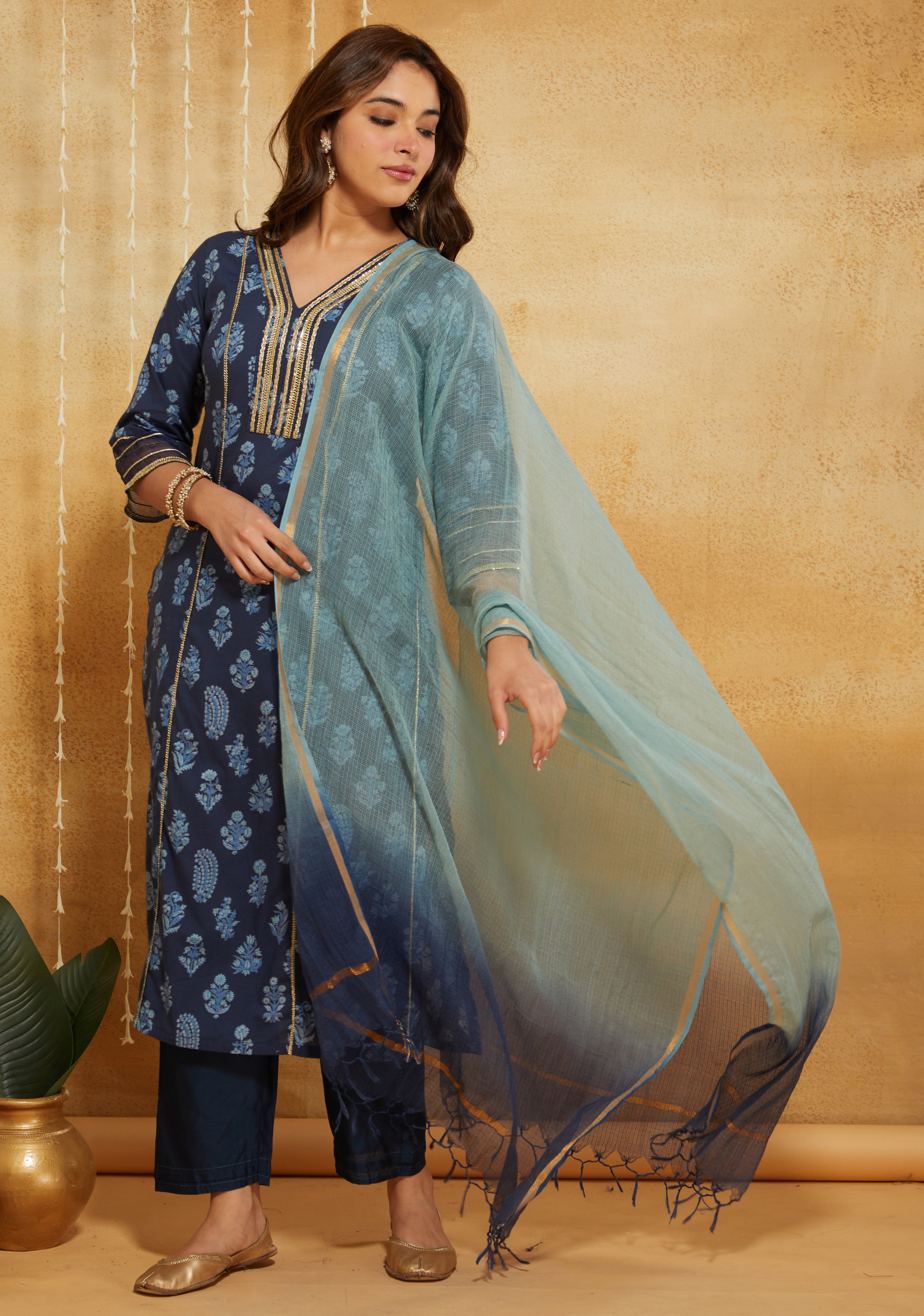 Indigo Dabu Hand Block Printed Cotton Suit - Set of 3