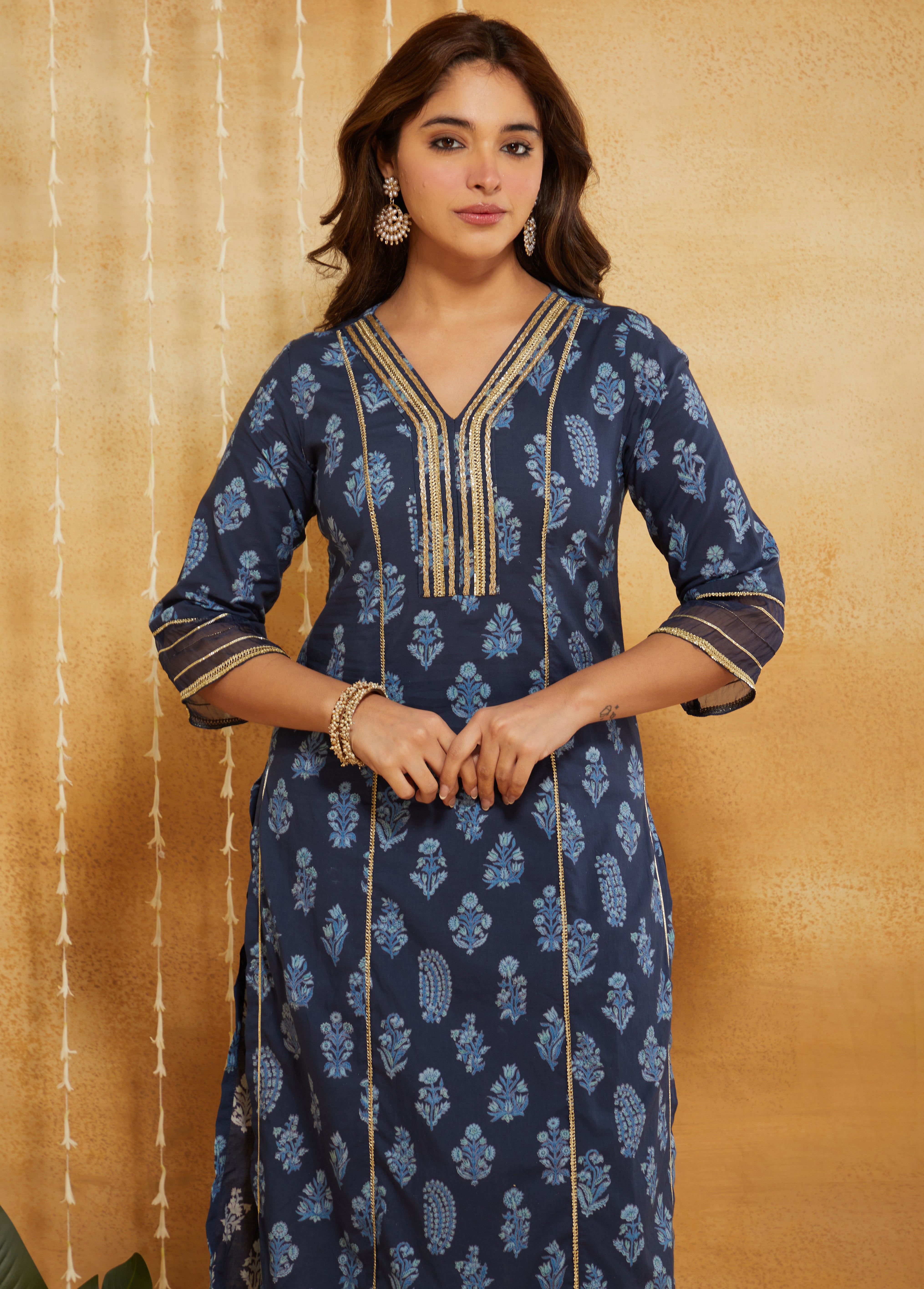 Indigo Dabu Hand Block Printed Cotton Suit - Set of 3