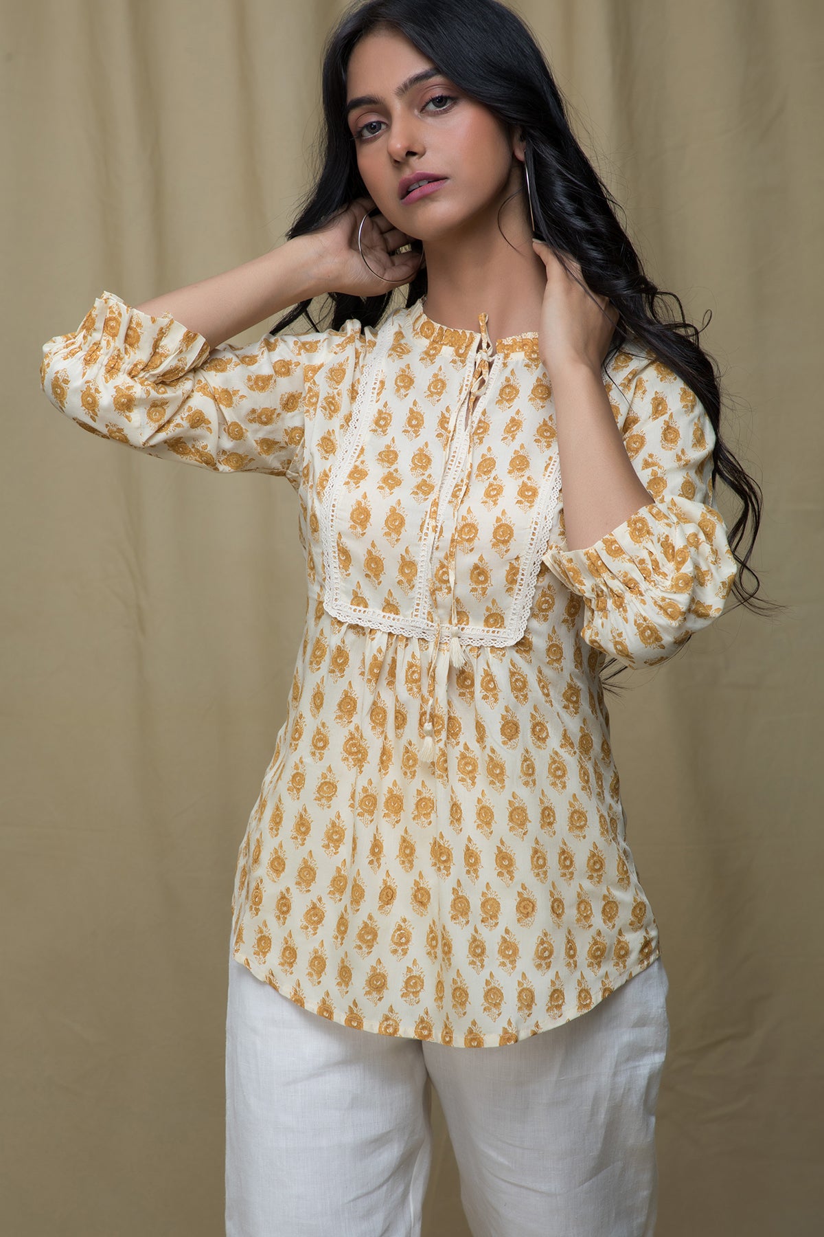 Manjari Mustard Yellow Lace Top