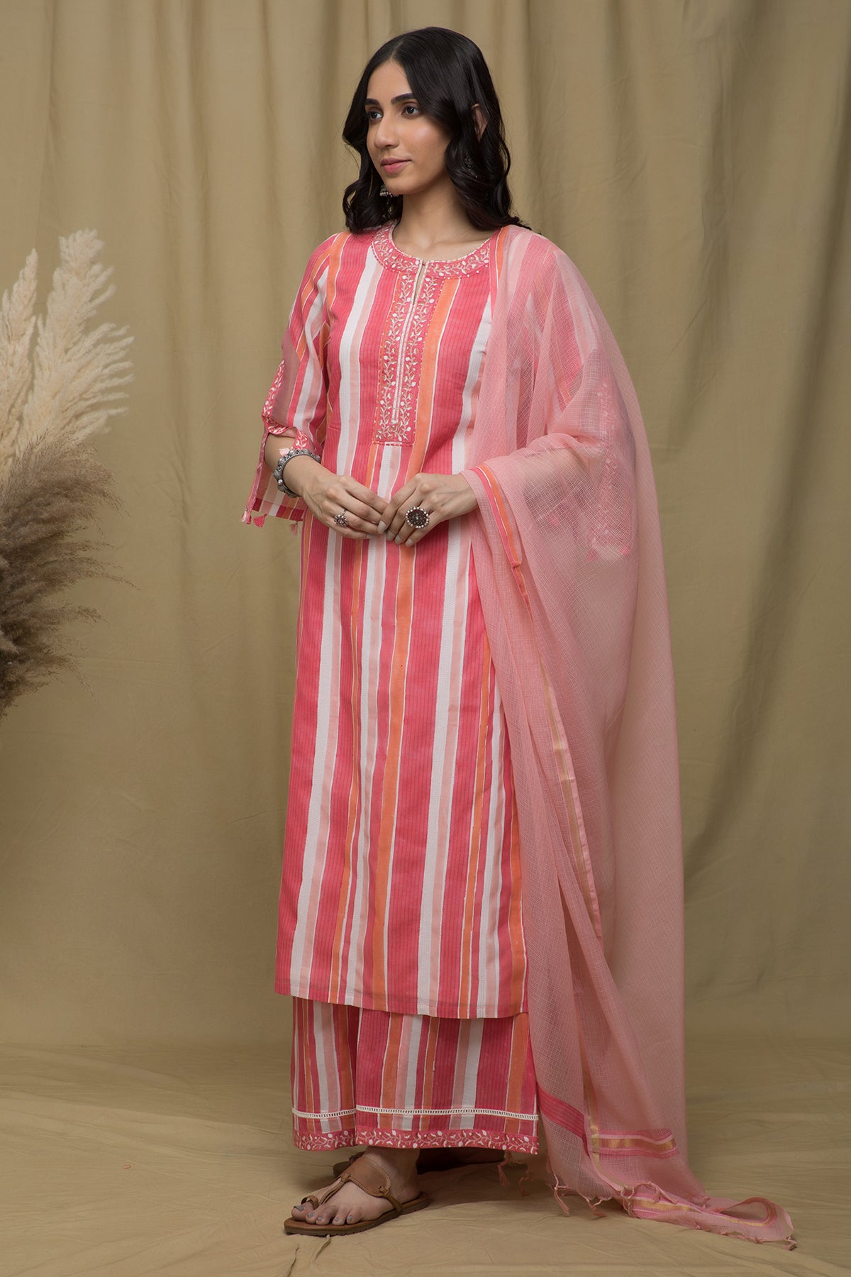 Swara Pink Stripe Embroidered Suit Set