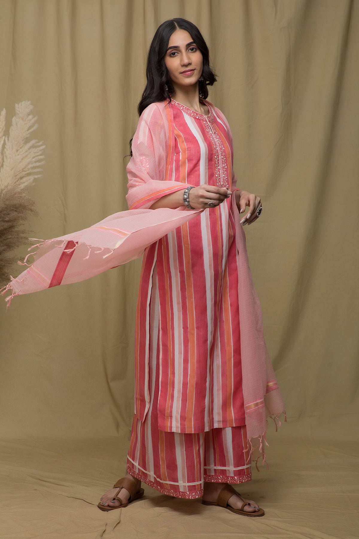 Swara Pink Stripe Embroidered Suit Set