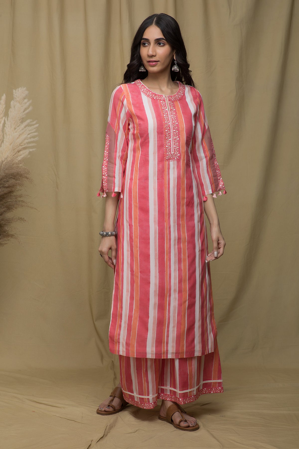 Swara Pink Stripe Embroidered Suit Set