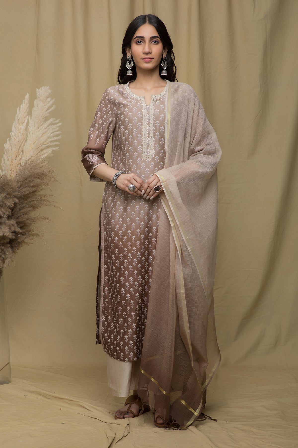 Rohi Beige Brown Chanderi Suit Set