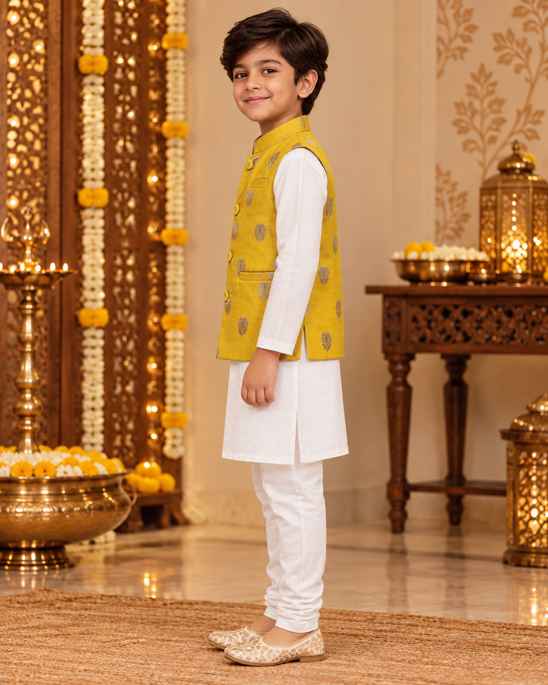 Yellow Silk Brocade Boys Festive Waistcoat