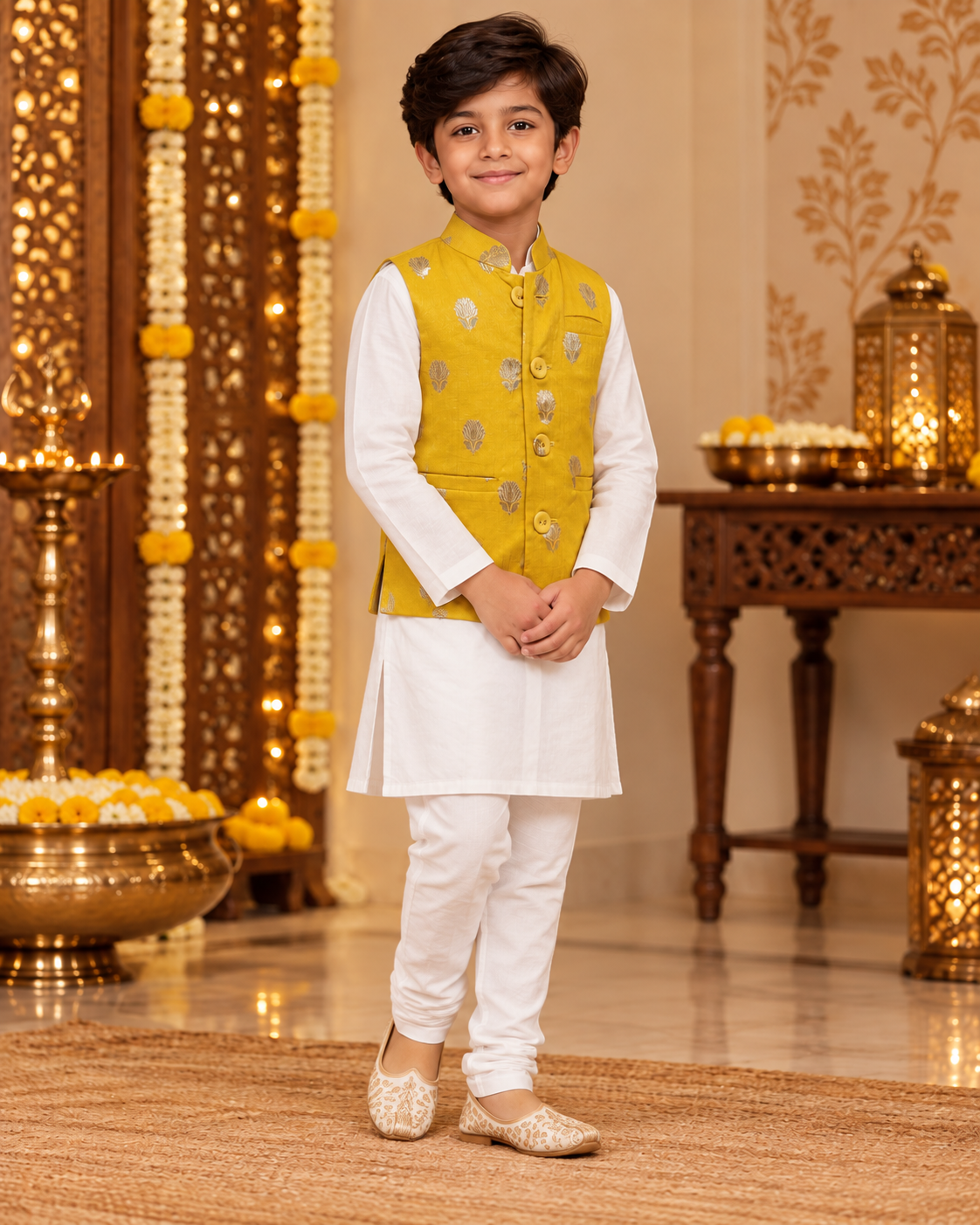Yellow Silk Brocade Boys Festive Waistcoat