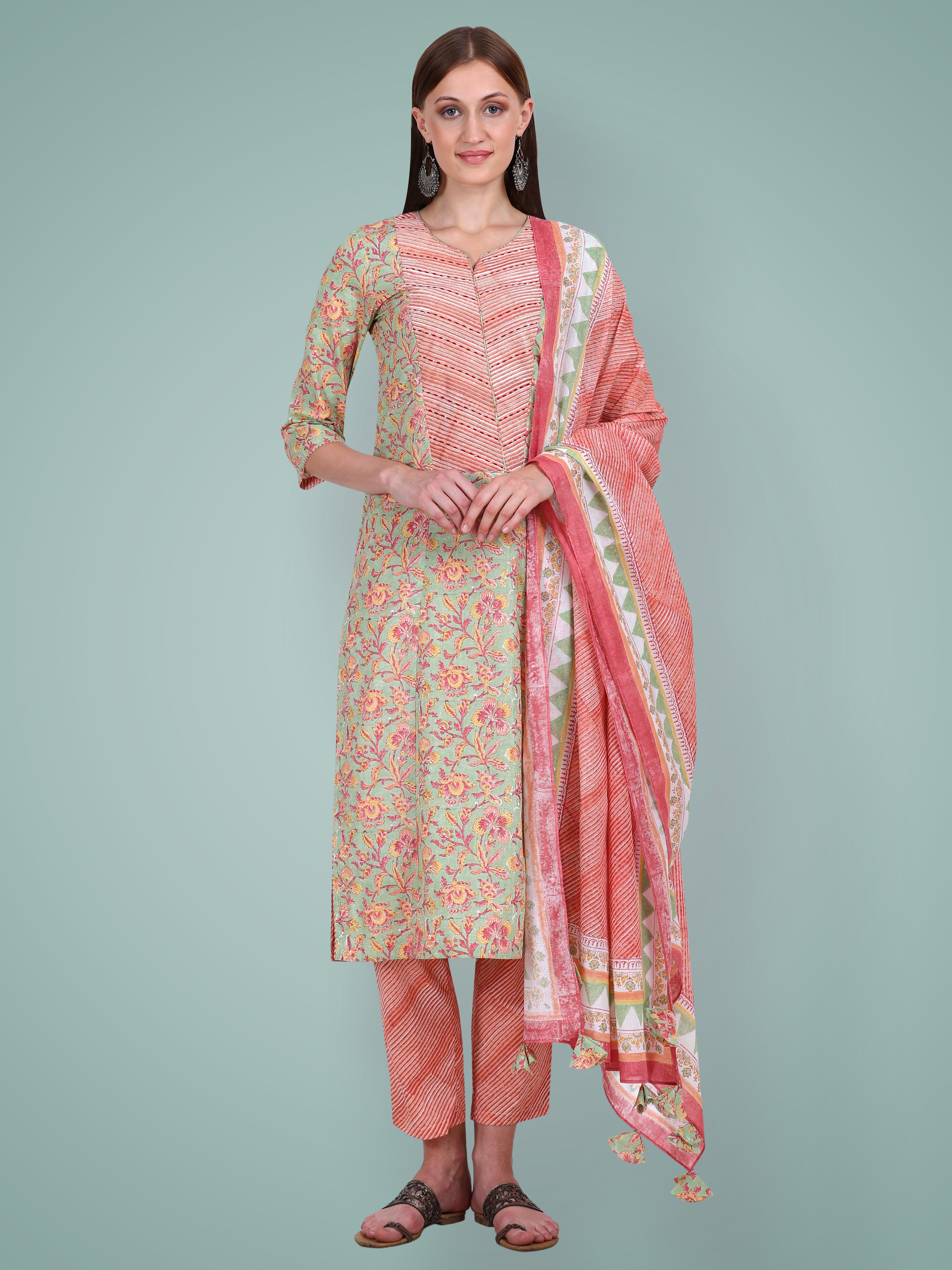 Sage Green Bagh Blockprinted & Embroidered Suit Set