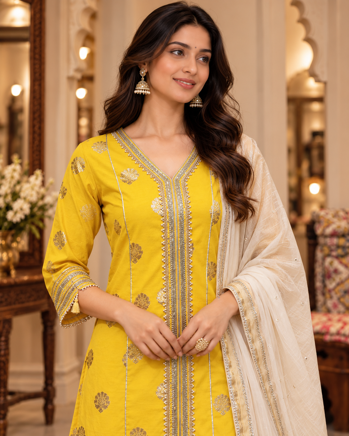 Royal Yellow Silk Brocade Sharara Set