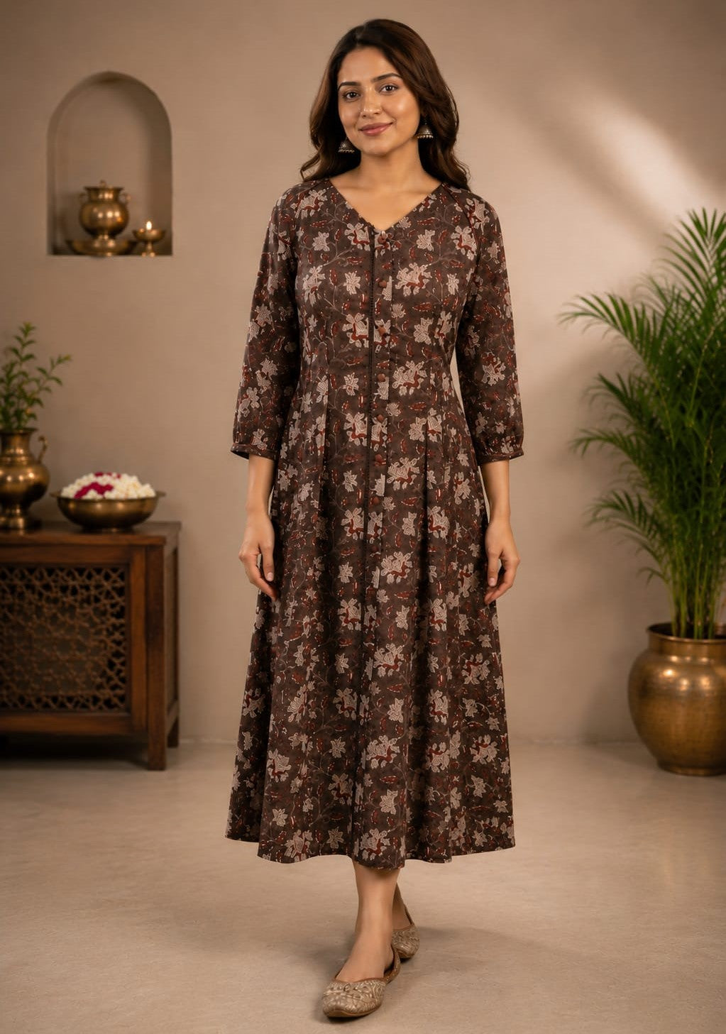 BROWN BLOCK PRINTED LONG DRESS