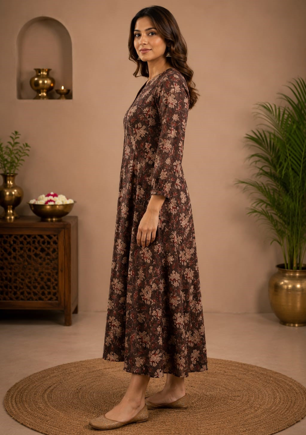 BROWN BLOCK PRINTED LONG DRESS