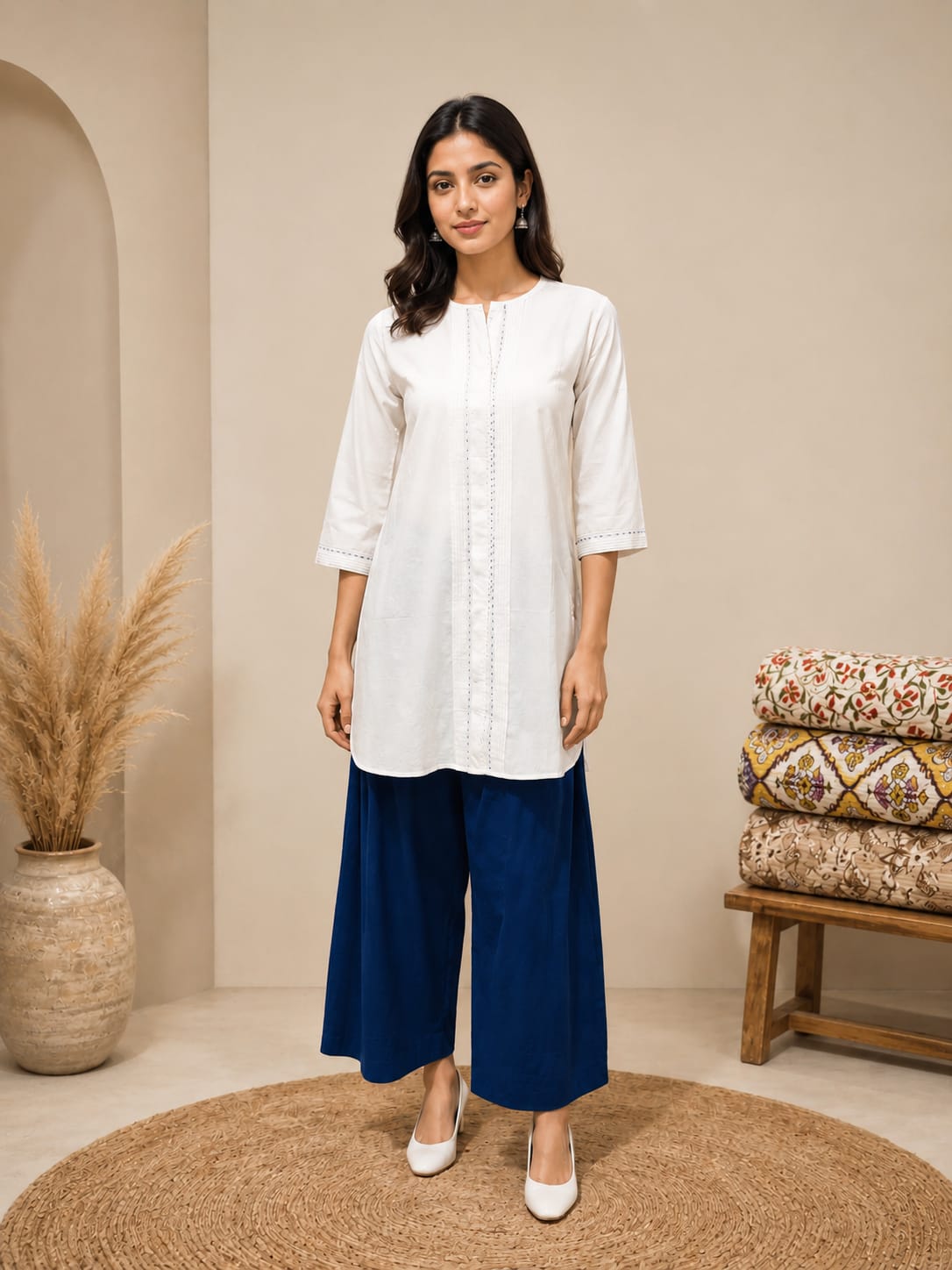 White Pleated mid length kura
