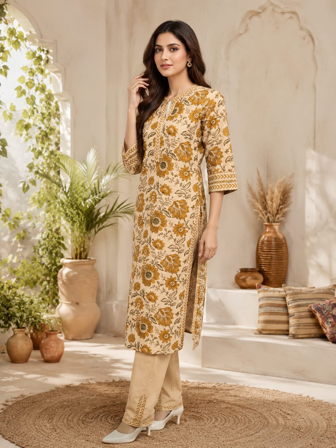Mustard jaal Floral Kurta Pant Set