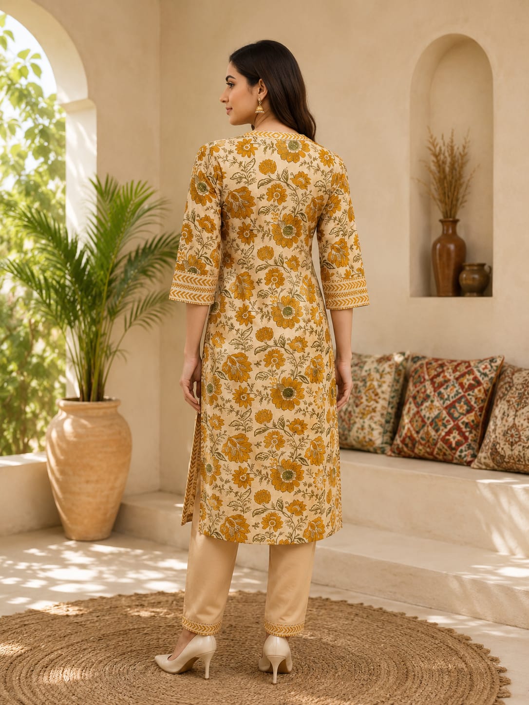 Mustard jaal Floral Kurta Pant Set