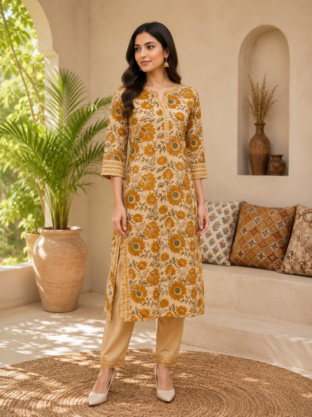 Mustard jaal Floral Kurta Pant Set