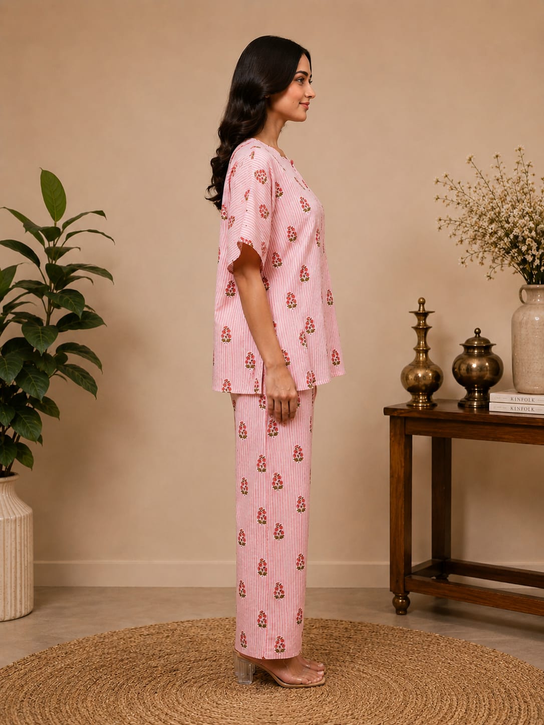 Pink Floral Stripes Women Co-ord Set