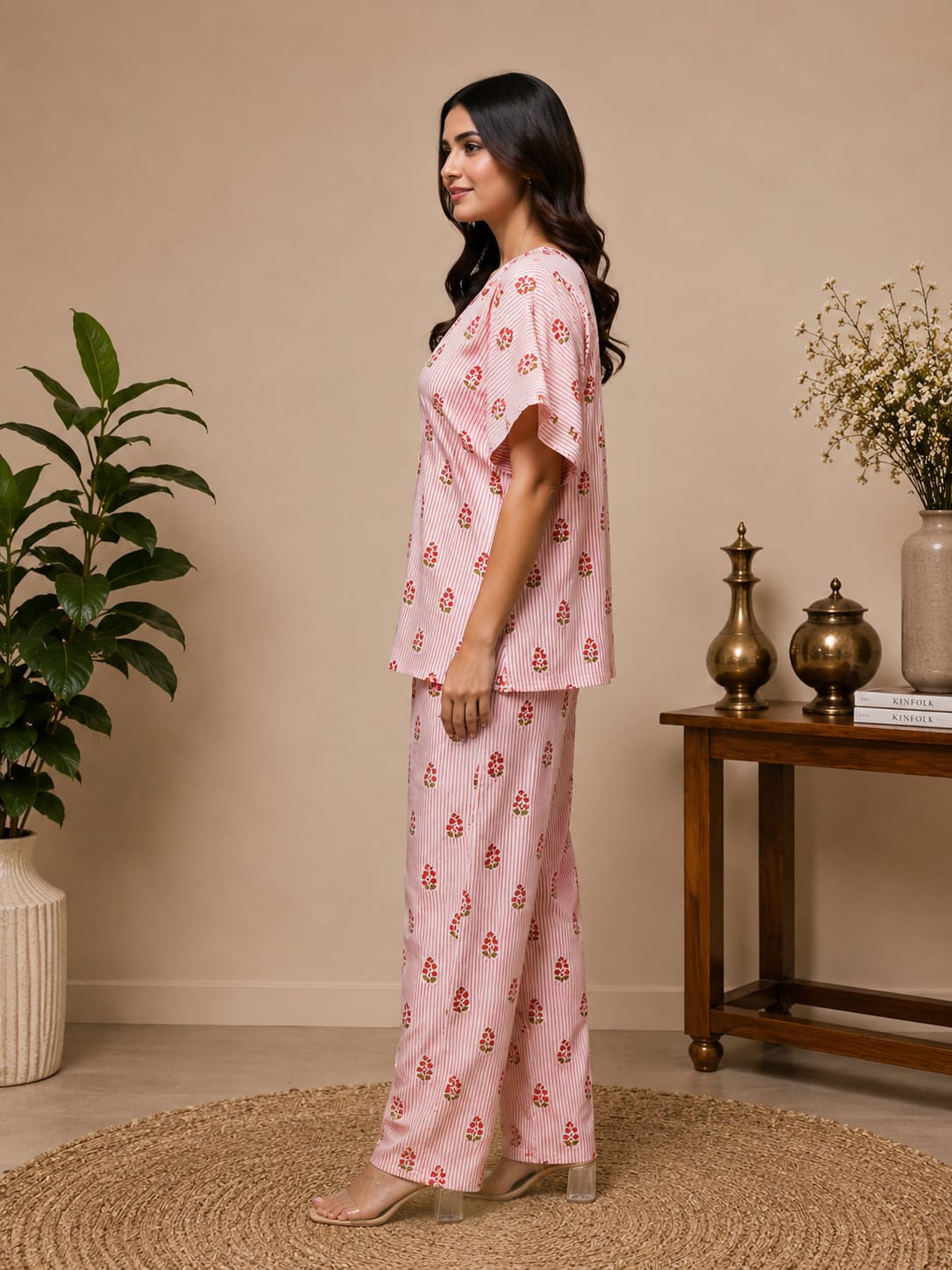 Pink Floral Stripes Women Co-ord Set
