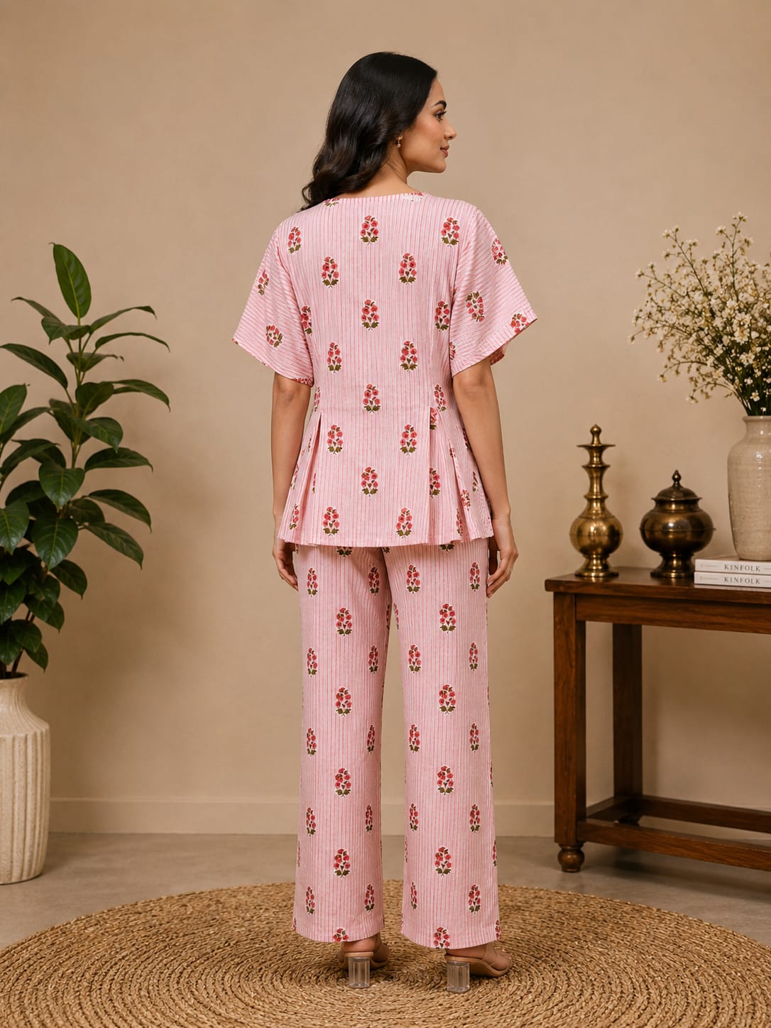 Pink Floral Stripes Women Co-ord Set