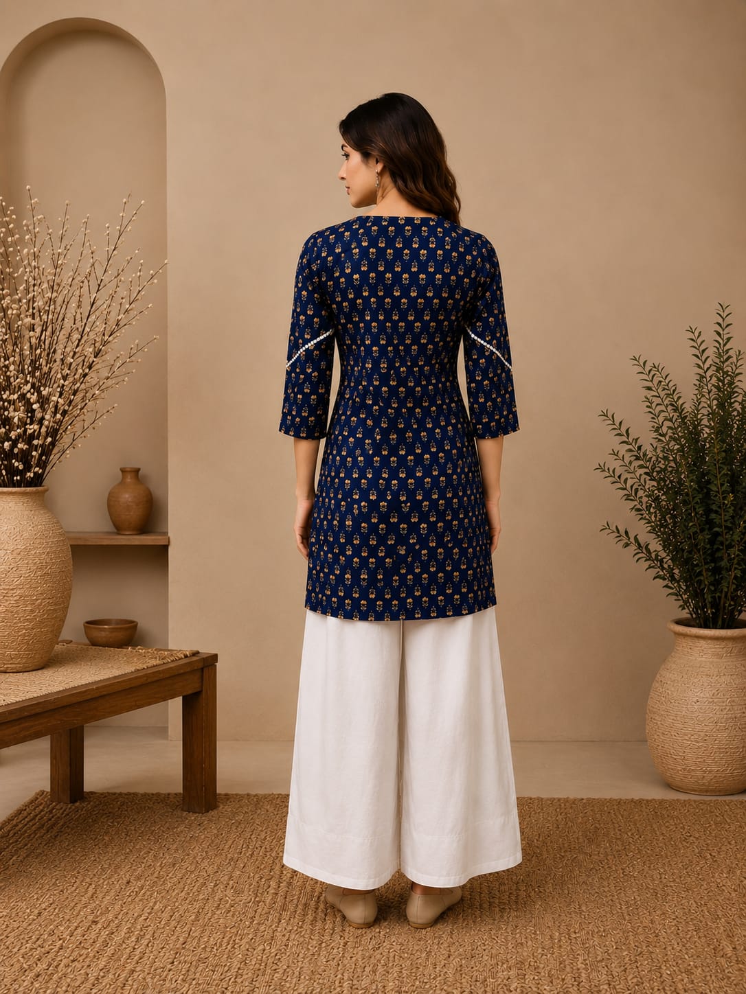 Indigo yellow buti mid length women kurta