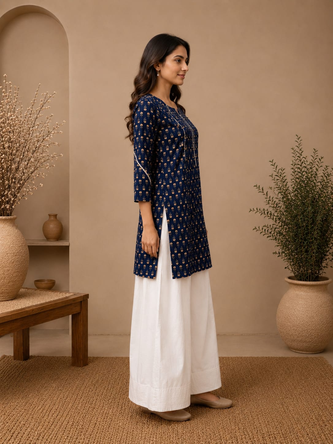 Indigo yellow buti mid length women kurta