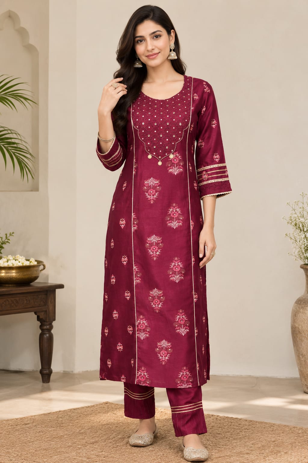 Plum Silk Chanderi Festive Suit Set