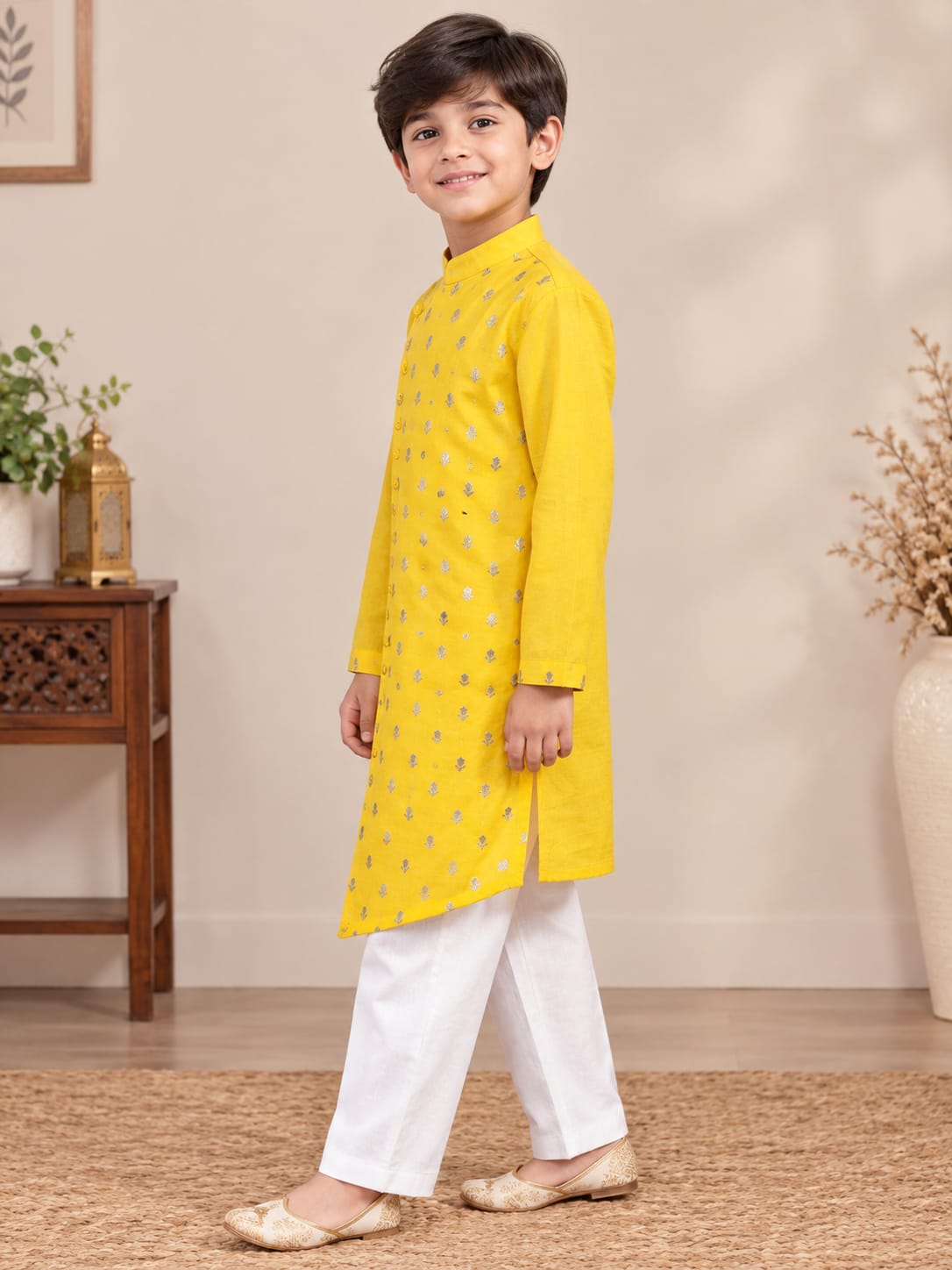 Yellow Brocade Kids Boys Asymmetric Kurta