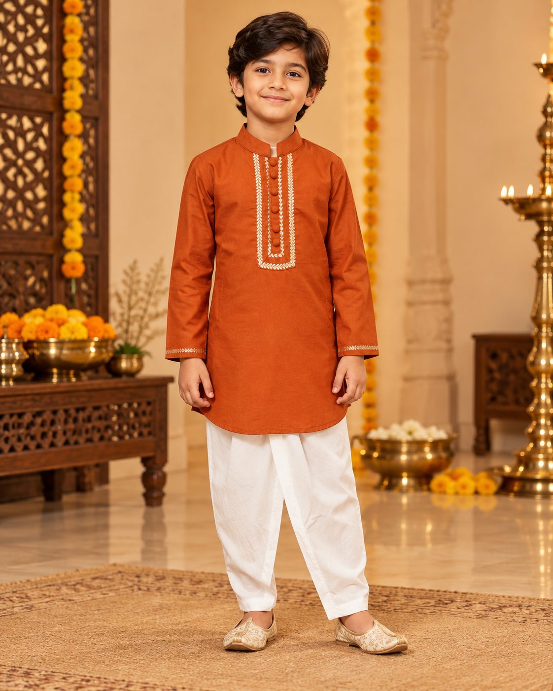 Burnt Orange Brocade Festive Boys Kurta