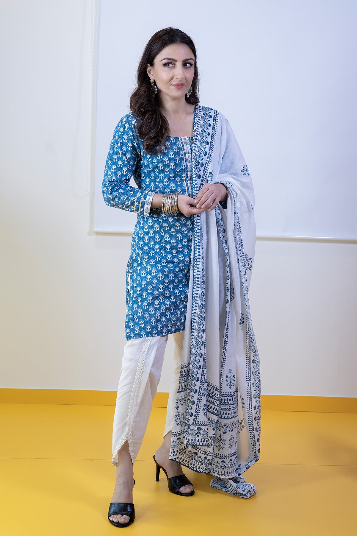 Soha Ali Khan in Indigo Hand Block Printed Sharara Set