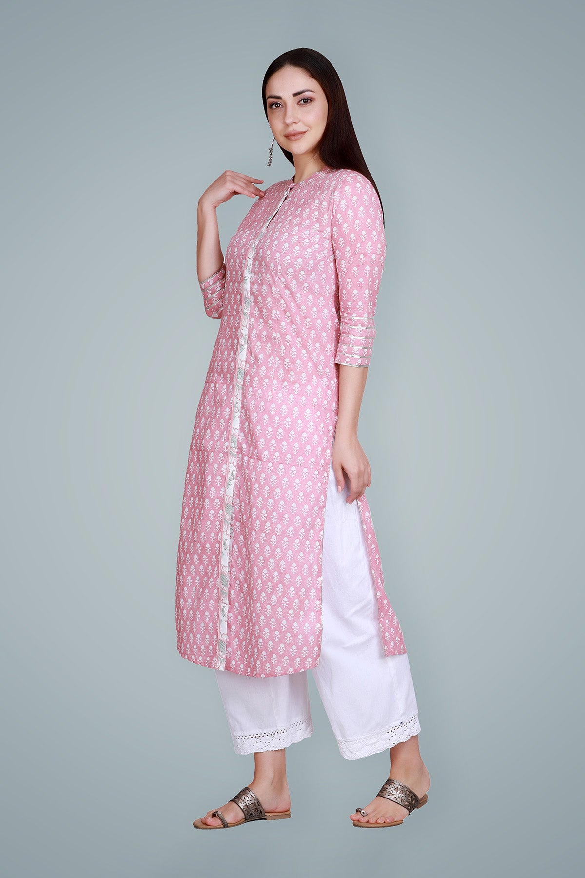 Pastel Pink Block Printed Straight Cotton Kurta