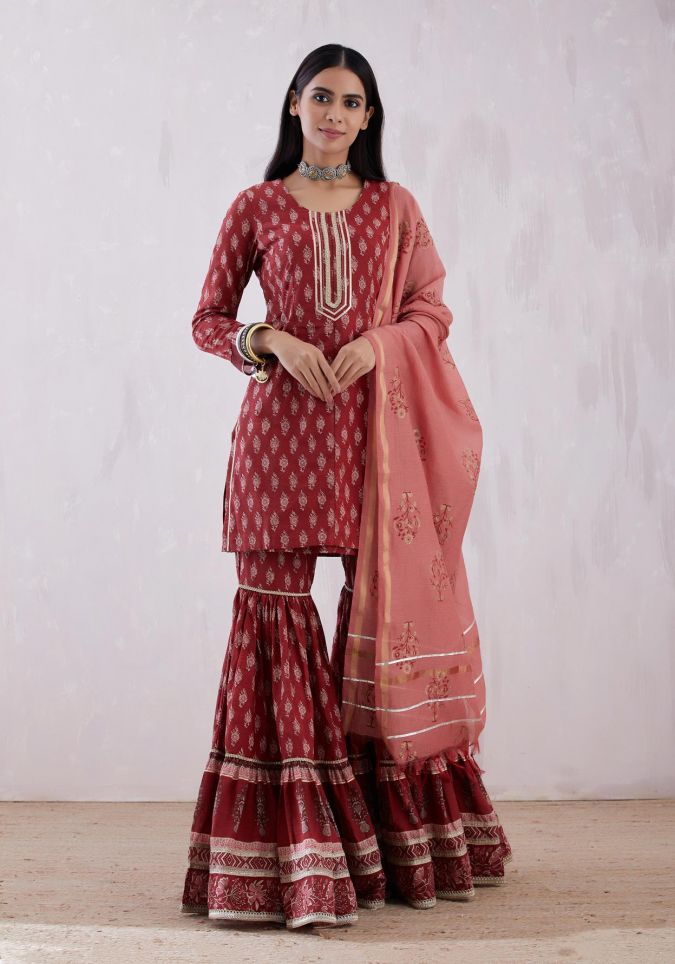 Tina Dutta in Rust Red Sharara Suit Set