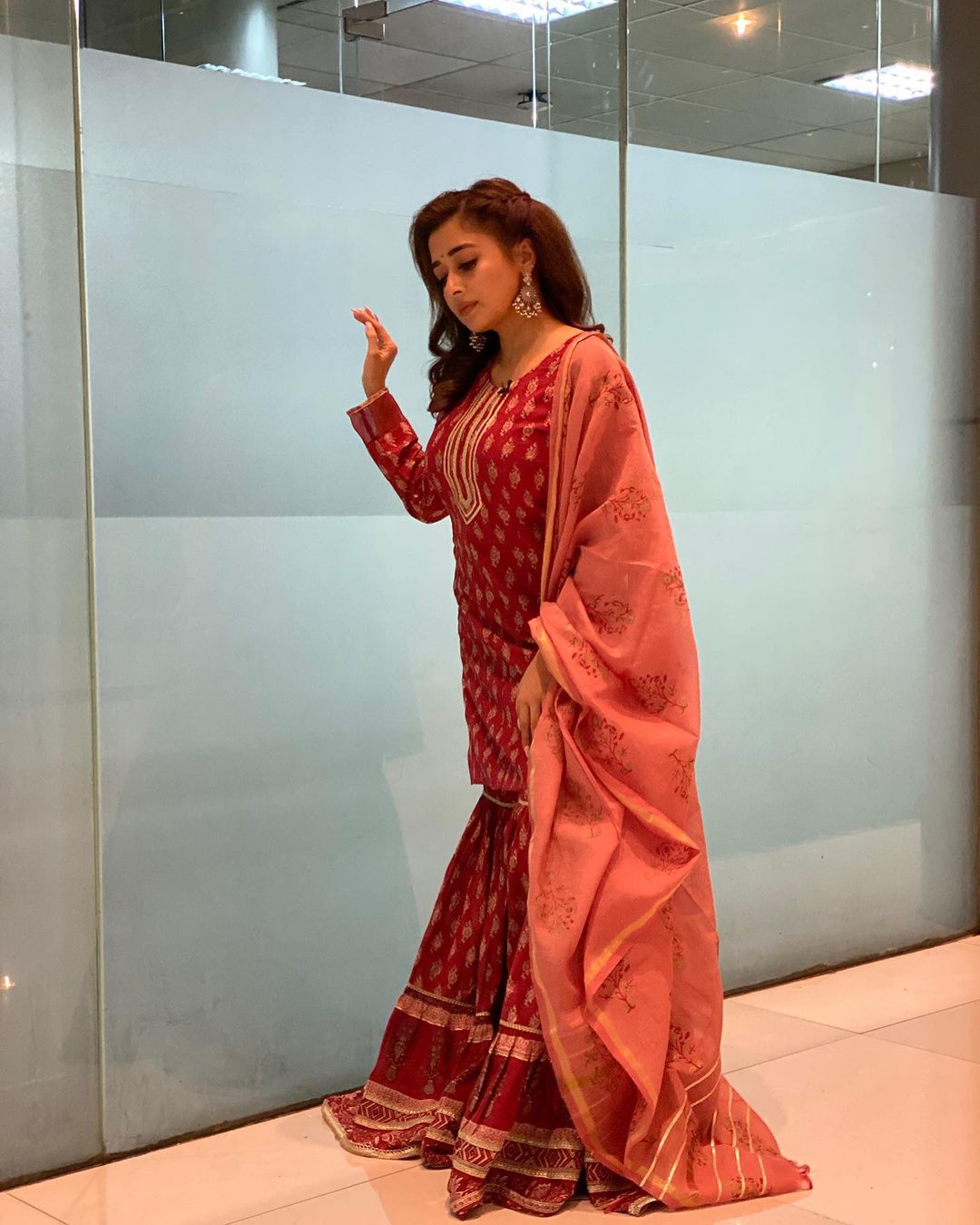 Tina Dutta in Rust Red Sharara Suit Set