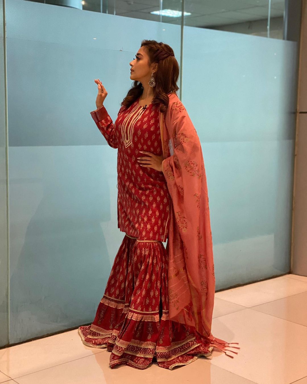 Tina Dutta in Rust Red Sharara Suit Set