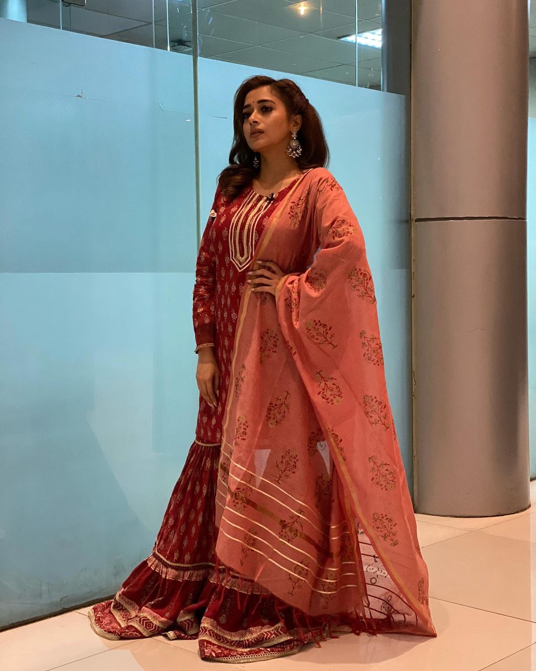 Tina Dutta in Rust Red Sharara Suit Set