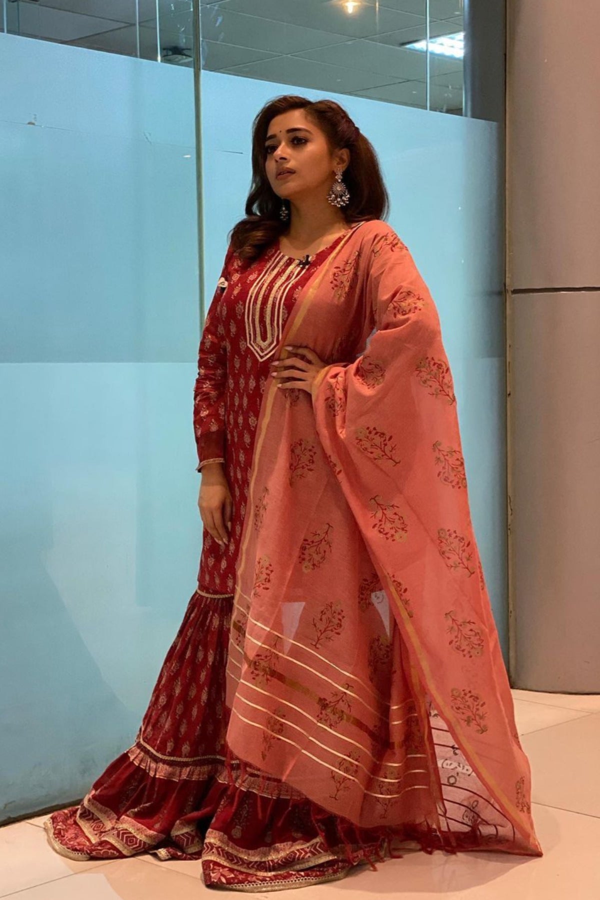Tina Dutta in Rust Red Sharara Suit Set