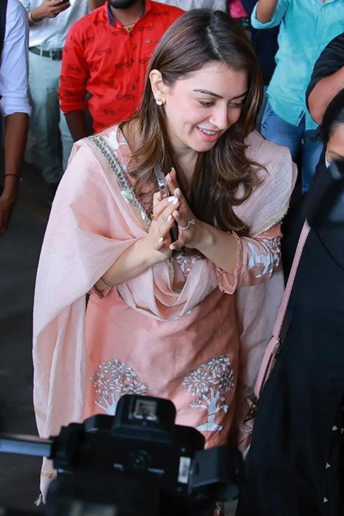 Peach Silk Chanderi Block Printed & Embroidered Suit Set