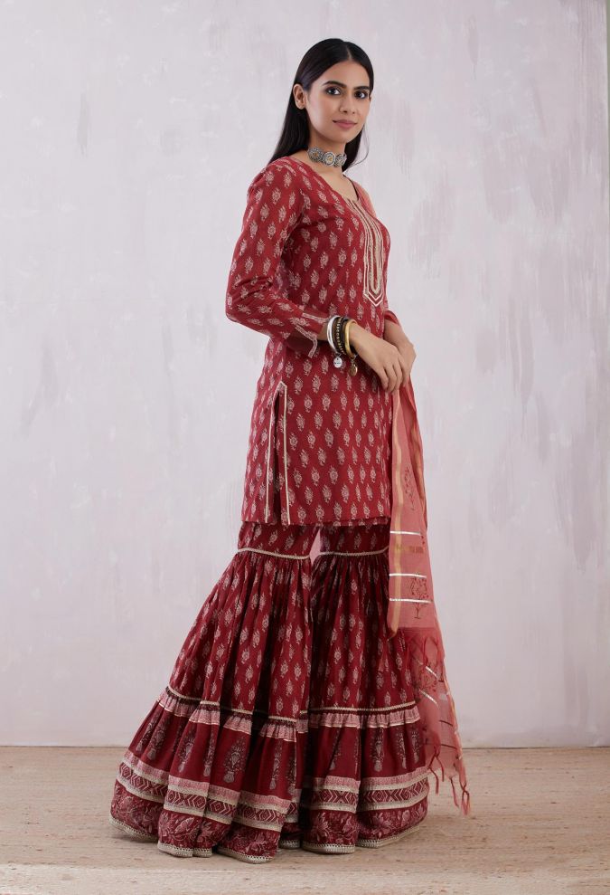 Tina Dutta in Rust Red Sharara Suit Set