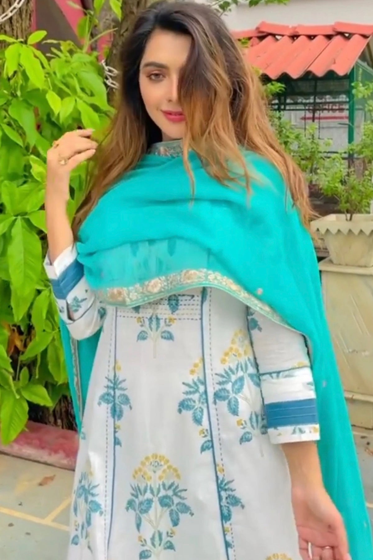 Ruhi Singh in Sea Green Block Printed White Kantha Kurta