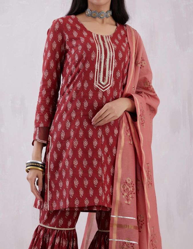 Tina Dutta in Rust Red Sharara Suit Set