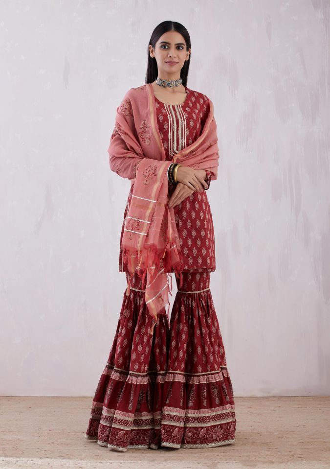 Tina Dutta in Rust Red Sharara Suit Set